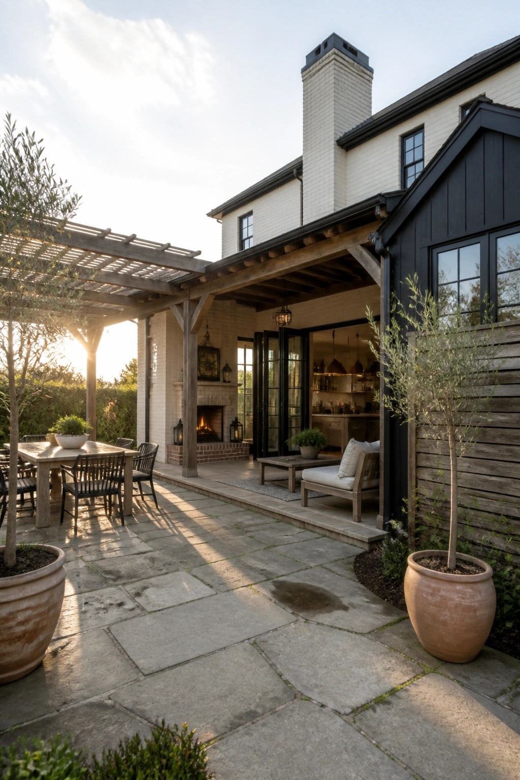 Farmhouse exterior showing white brick walls paired with black board and batten siding, a brick chimney, wooden beams over a stone patio, and an outdoor fireplace.