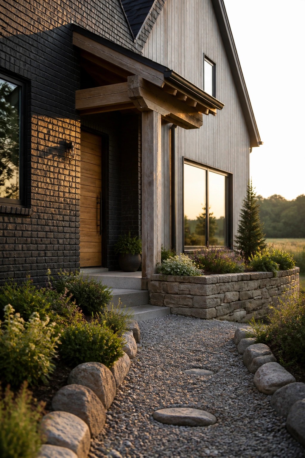A close view of a farmhouse exterior showing black brick on the left, light wood siding on the right, a wooden entry door with overhang, and a gravel path bordered by stone.
