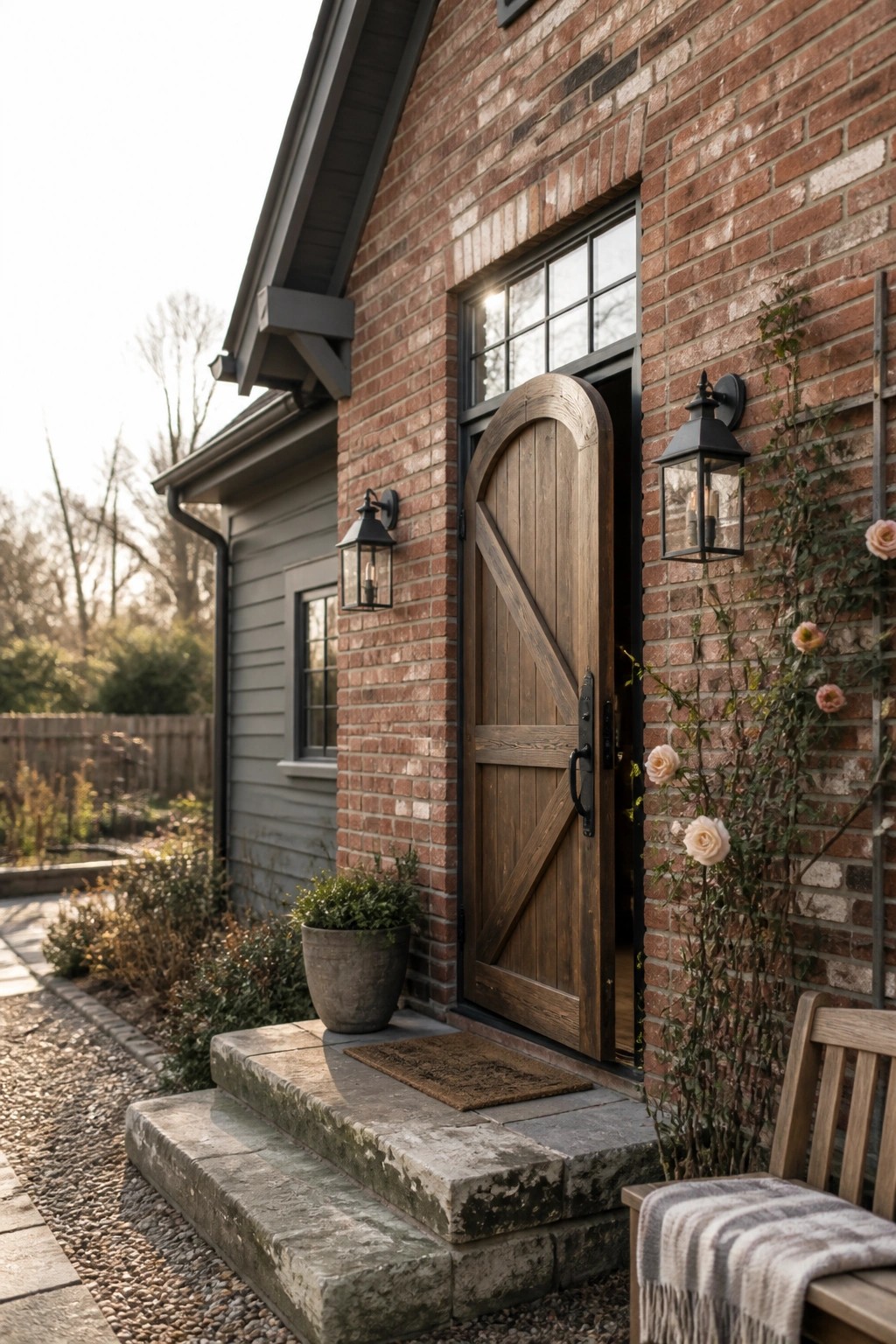 A red brick house exterior with gray siding on the side wall, a wooden door, black lanterns, and concrete steps leading to the entrance.