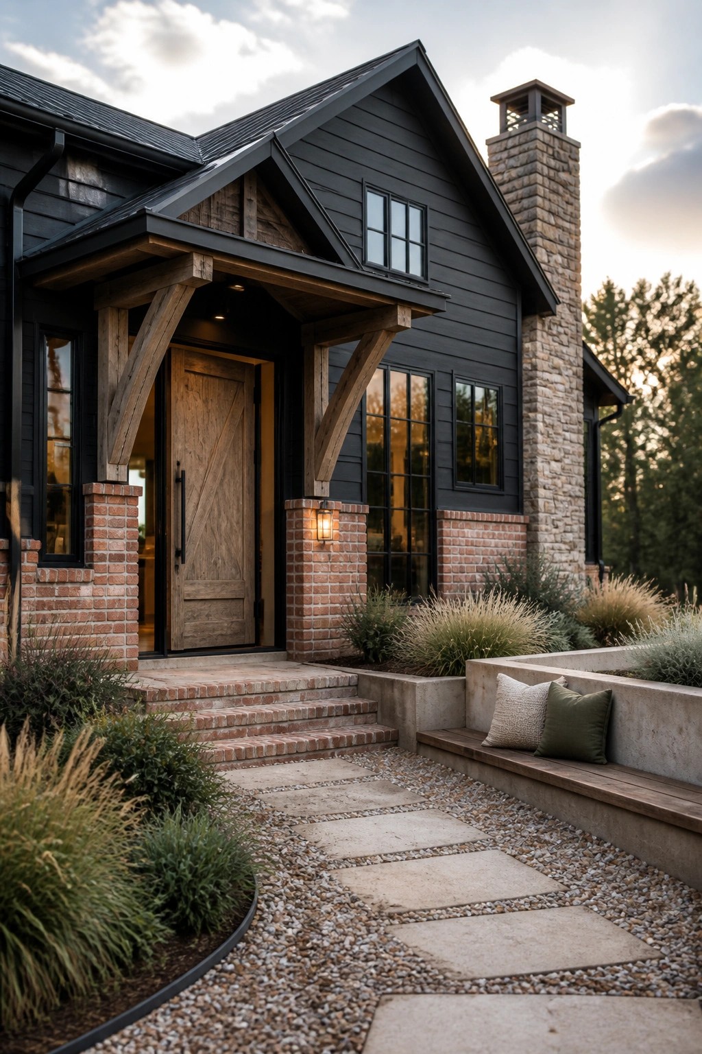 A dark gray farmhouse exterior featuring brick at the entry columns and base, wooden porch beams, a wooden front door, and a stone chimney on the right side.