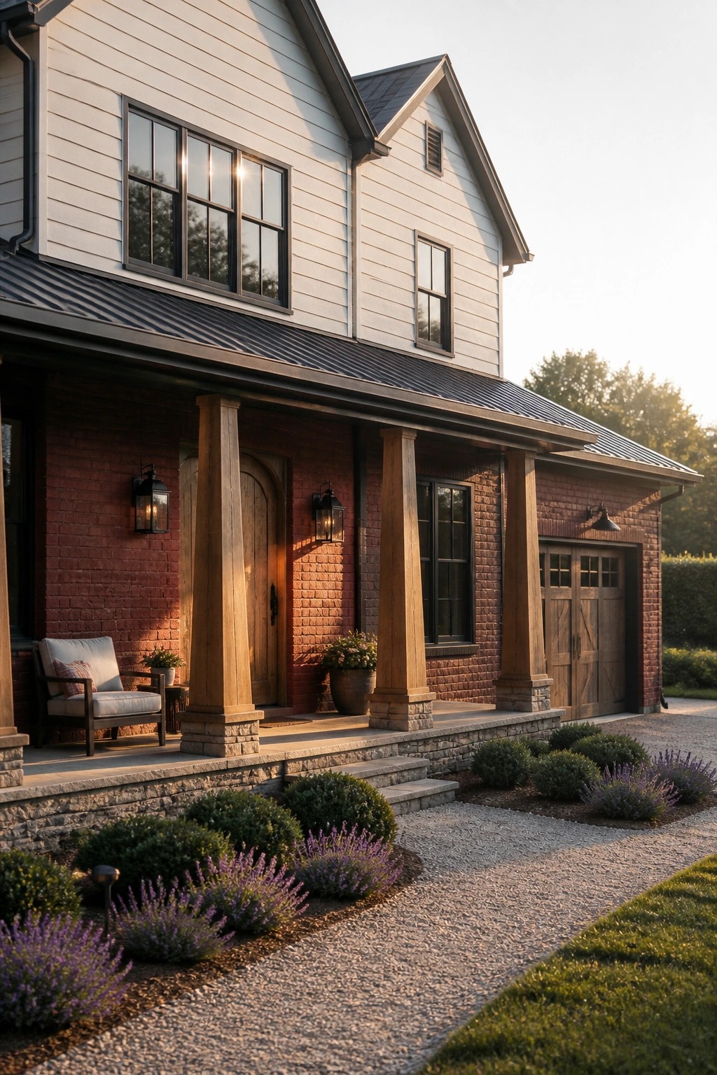 A two-story farmhouse exterior with white siding on the upper level, red brick on the lower level, a covered porch with wooden columns, and a gravel driveway bordered by lavender and shrubs.