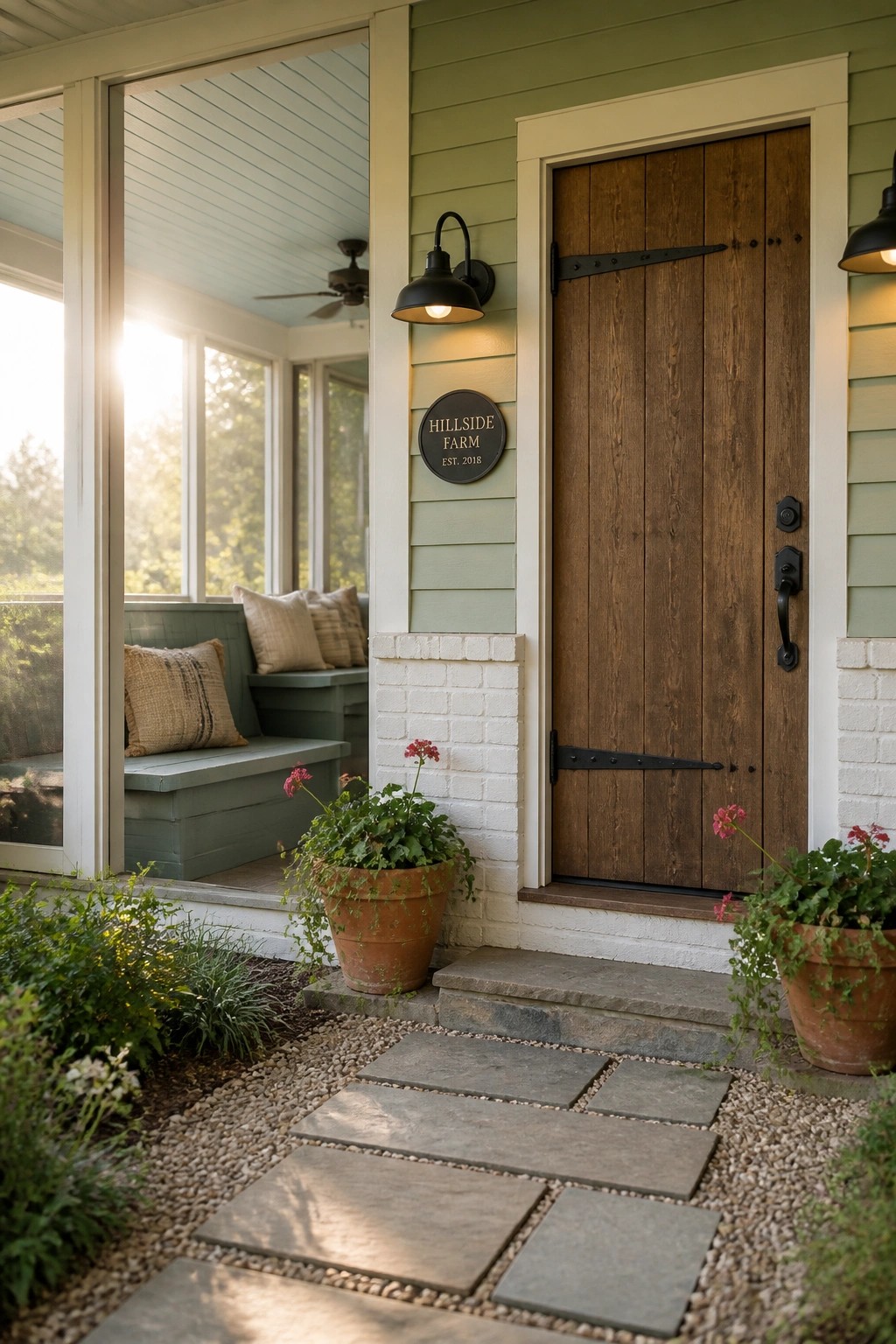 A farmhouse front entry with green siding, white brick base, wooden door with black hardware, and a stone pathway leading to the steps.