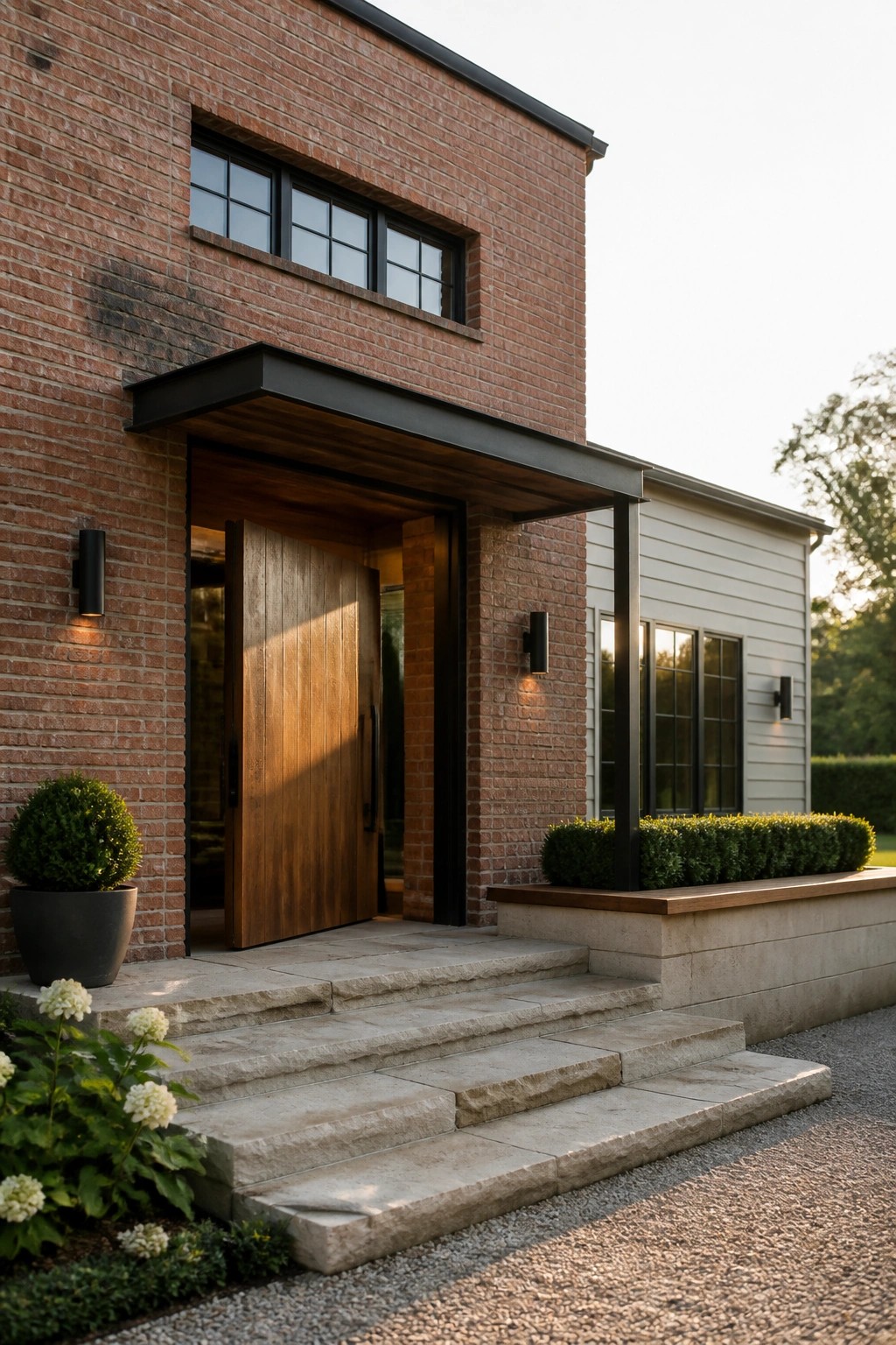 A two-story red brick house with a white horizontal siding section on the right, a tall wooden front door under a dark overhang, and stone steps leading up from a gravel driveway.