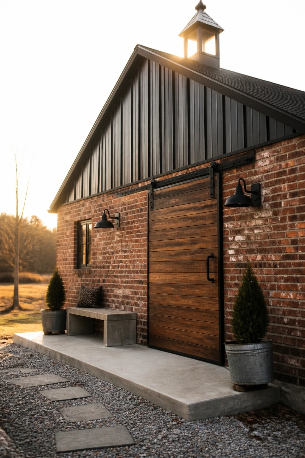 Rustic brick barn with wooden sliding door, potted shrubs, bench at sunset.