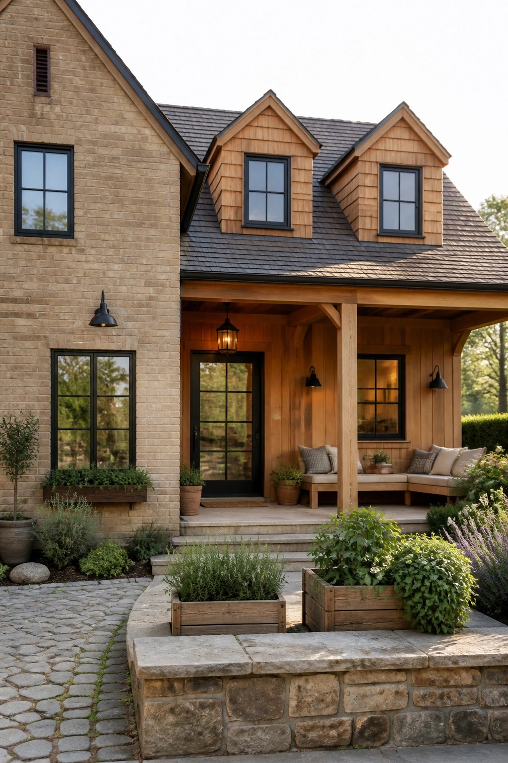 A brick and wood farmhouse exterior showing light brick on the left wall, wood siding on the porch area, a black door, and dormer windows above the covered entry.