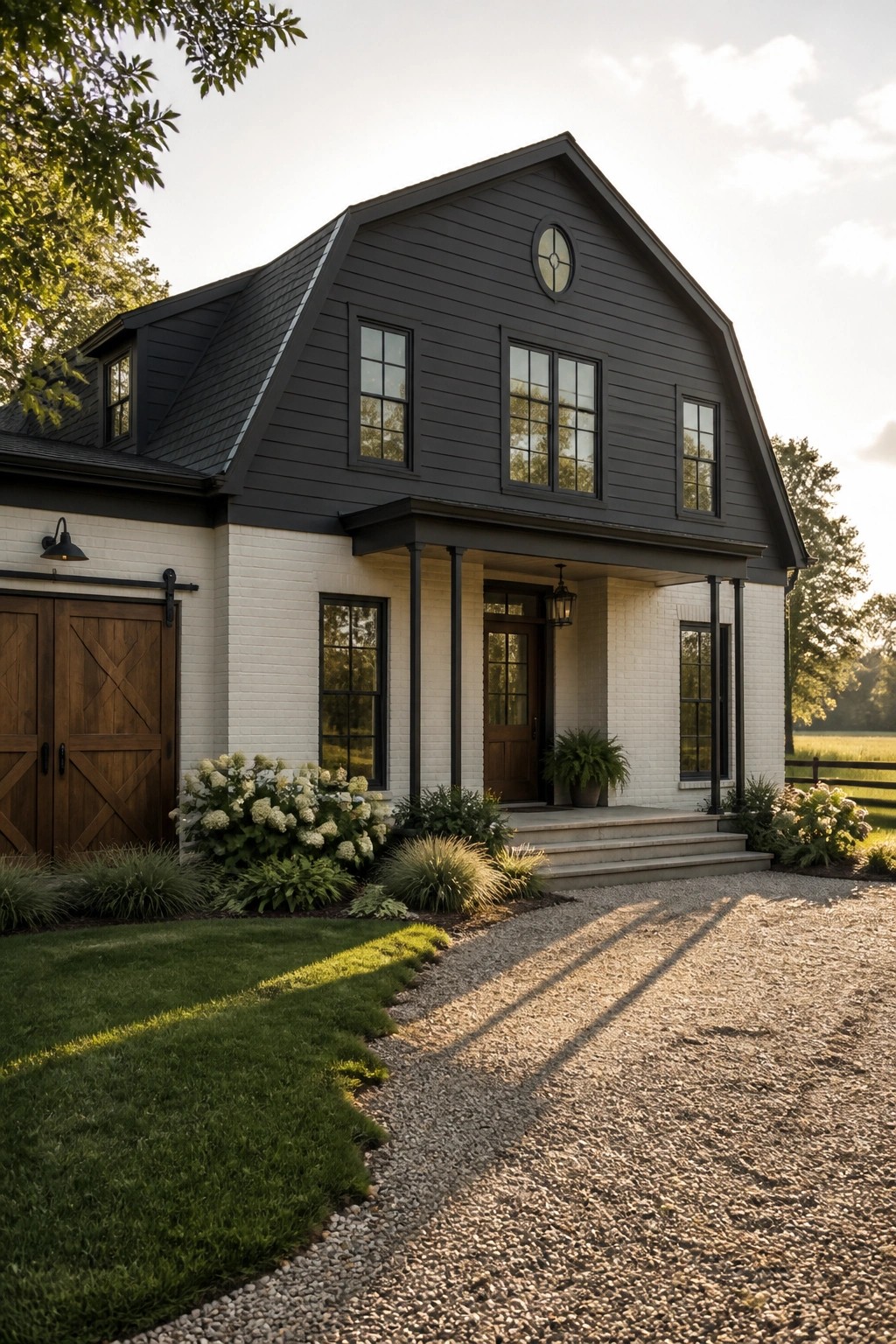 A two-story farmhouse exterior with dark siding on the upper portion and white brick below, including a front porch, wooden doors, and a gravel driveway.