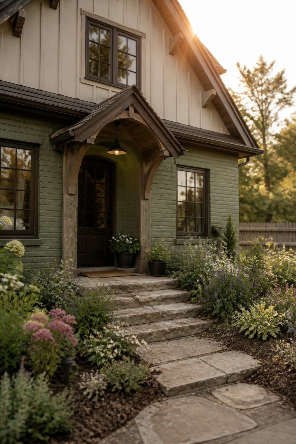 A green painted brick farmhouse exterior with dark trim, a wooden gabled entry porch, stone steps, and garden beds along a stone path.