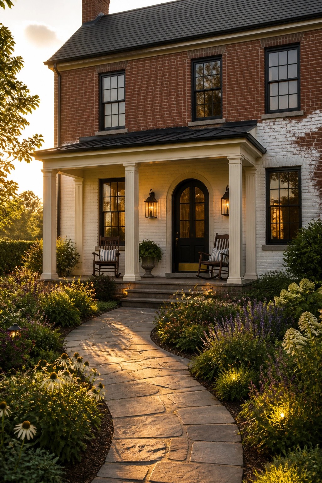 A red brick house with a white columned front porch, black door and windows, rocking chairs, and a curving stone path through a garden.