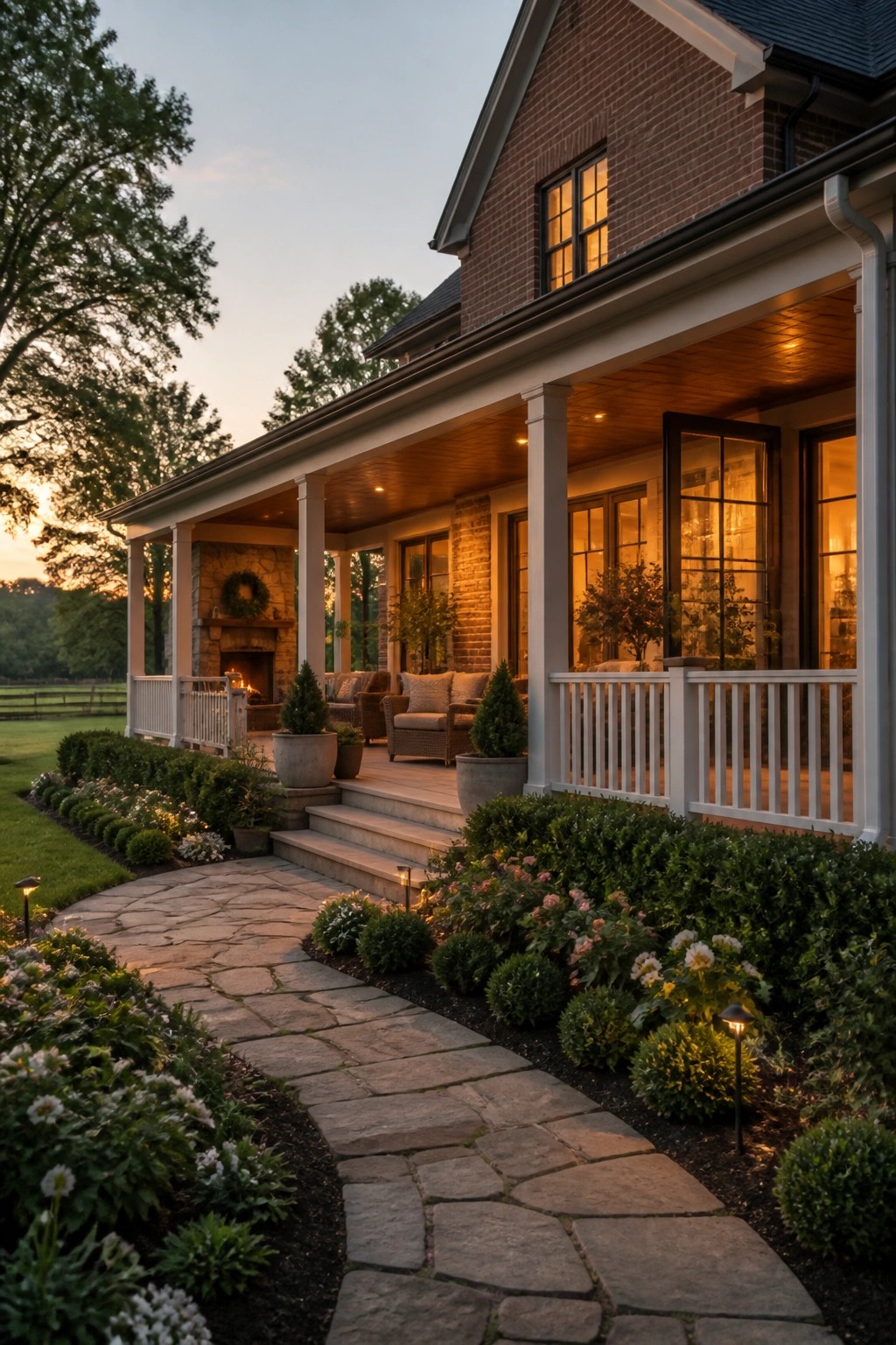 Brick house with lit porch, stone path, and lush flower garden at dusk.
