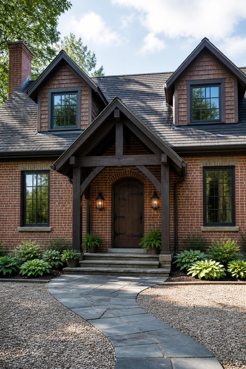 Red brick house with timber porch, arched door, and curved stone pathway.