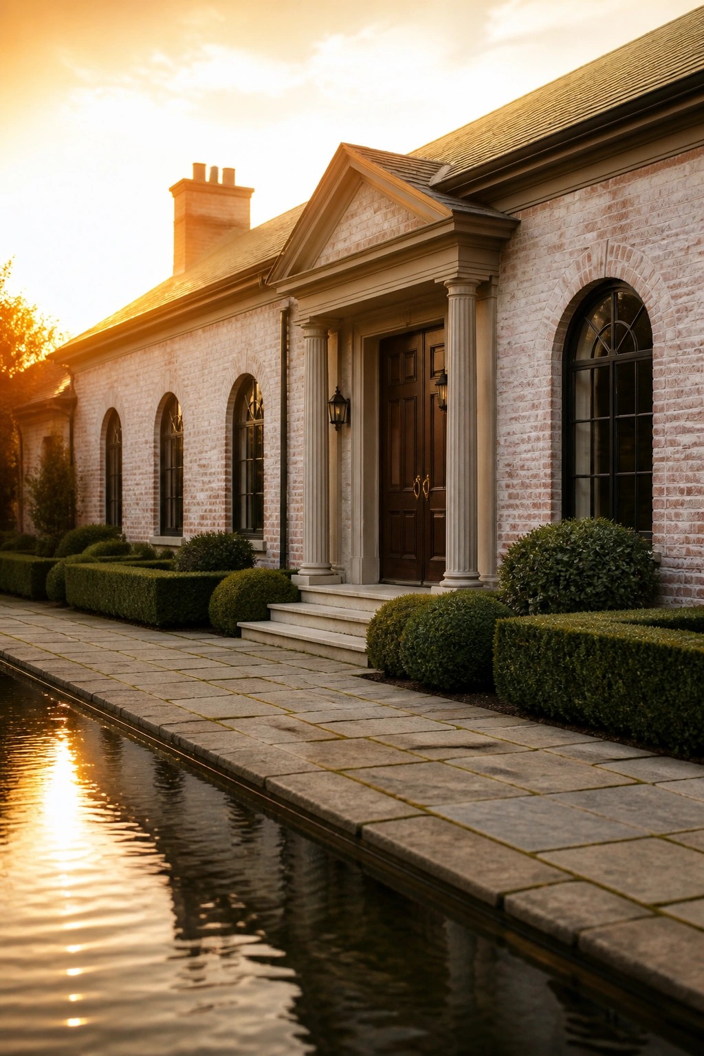 A single-story brick house exterior with a central entry portico supported by two white columns and topped by a pediment over a dark wood door, flanked by arched windows and low shrubs.