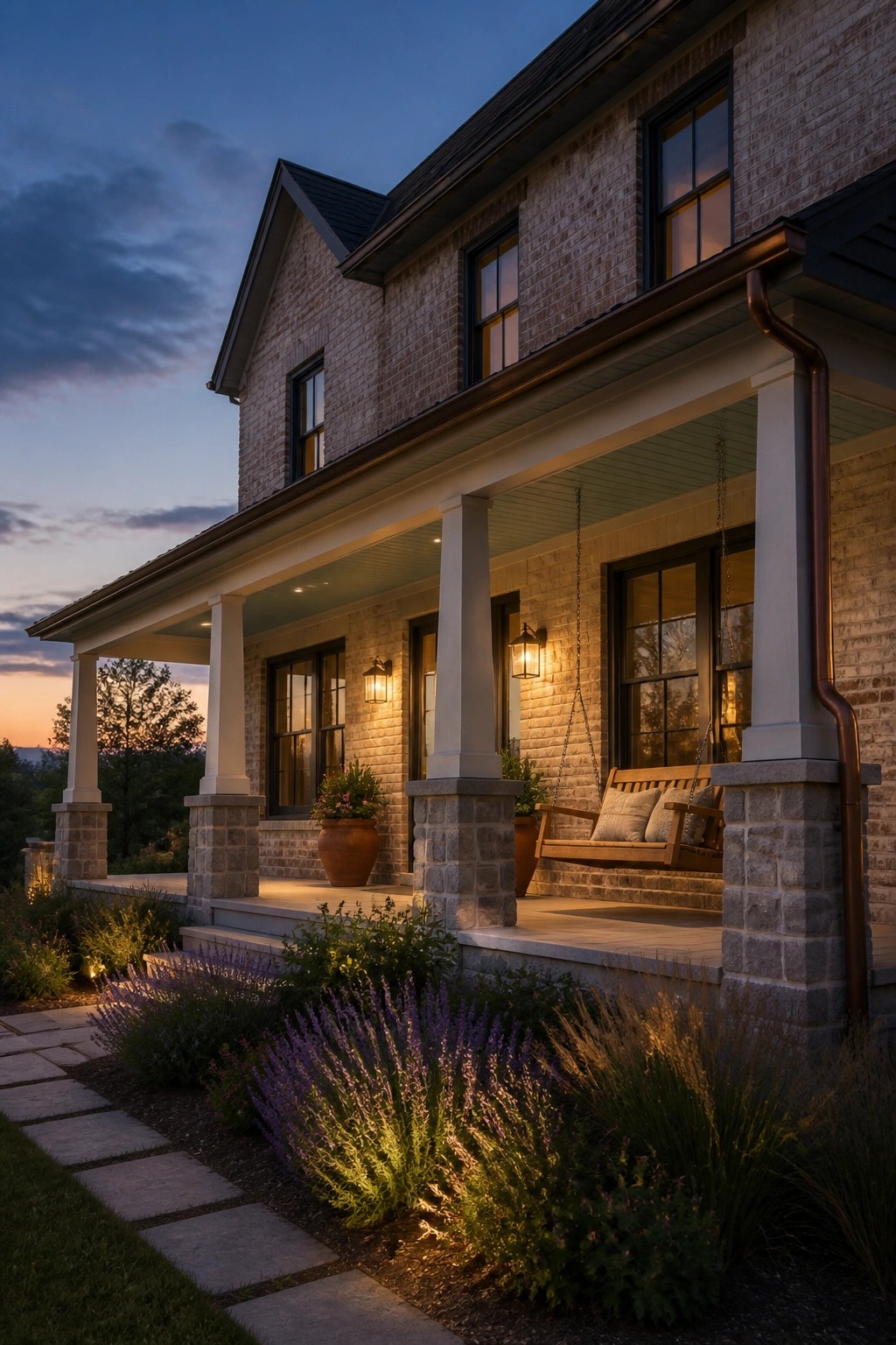 A brick farmhouse exterior at dusk with white porch columns set on stone bases and a wooden swing on the porch.