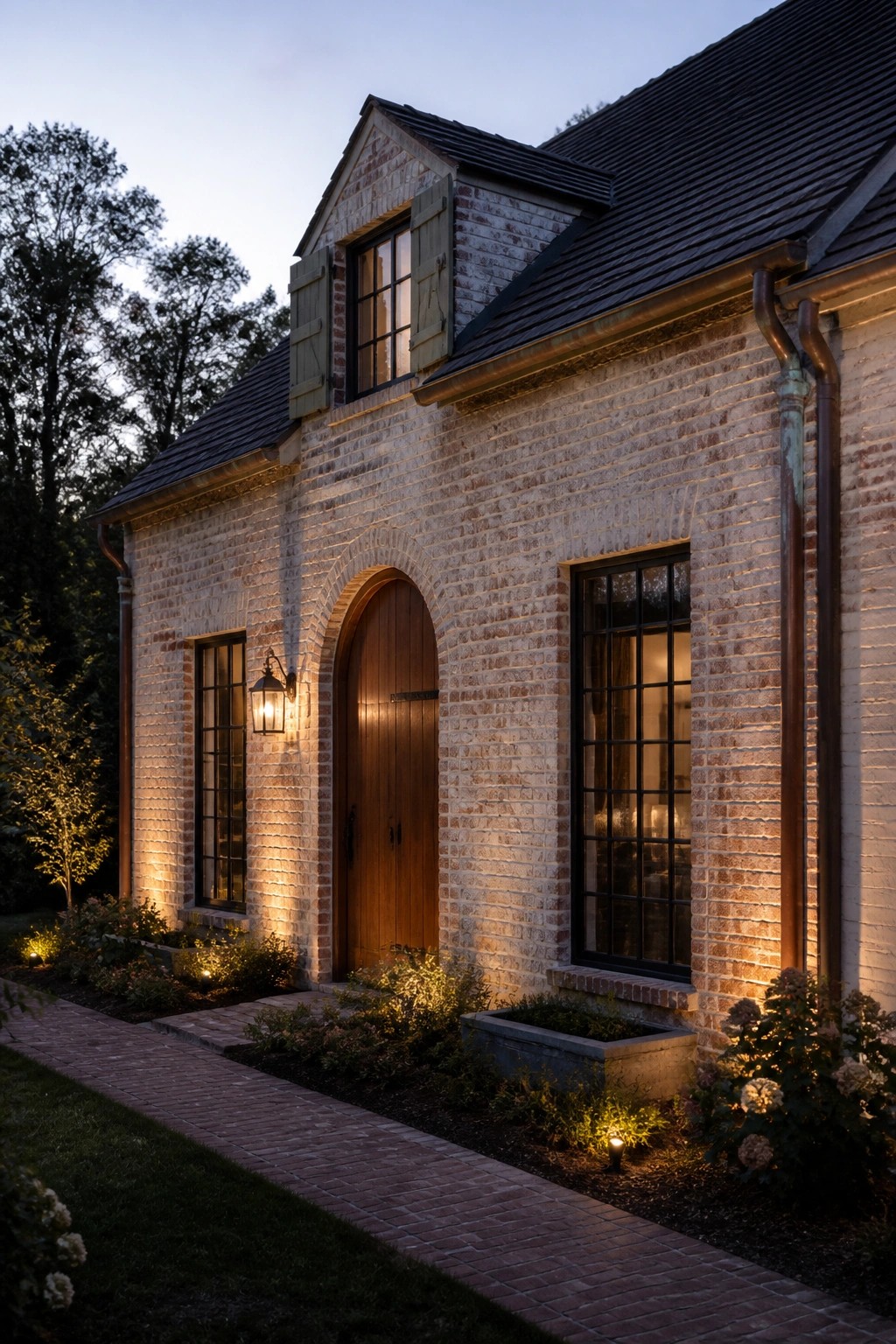 A brick farmhouse exterior at dusk showing an arched wooden entry door, a lit wall lantern, a dormer window with shutters, and a second window with black grid panes.