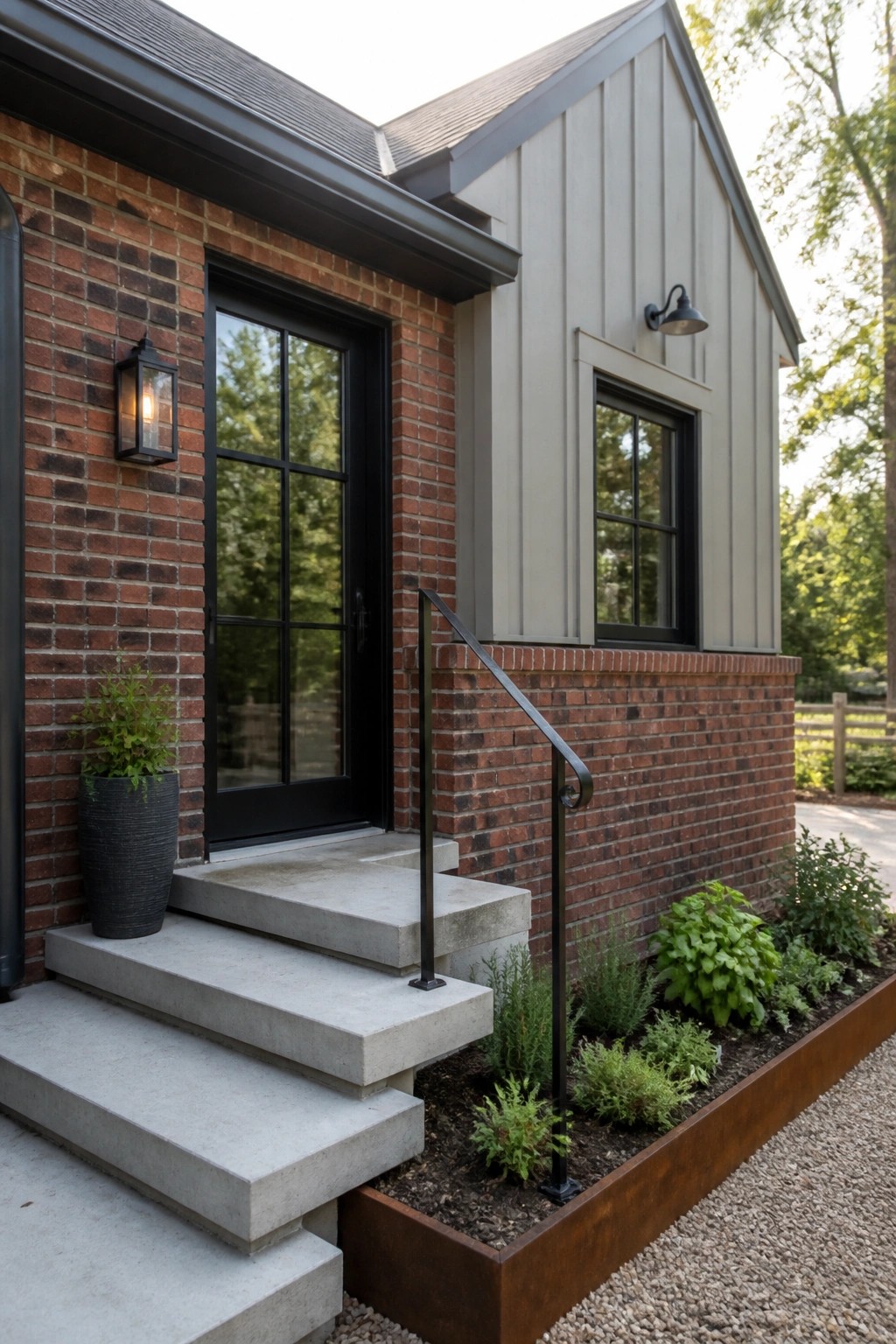Modern house entrance with red brick, black door, concrete steps, and garden bed