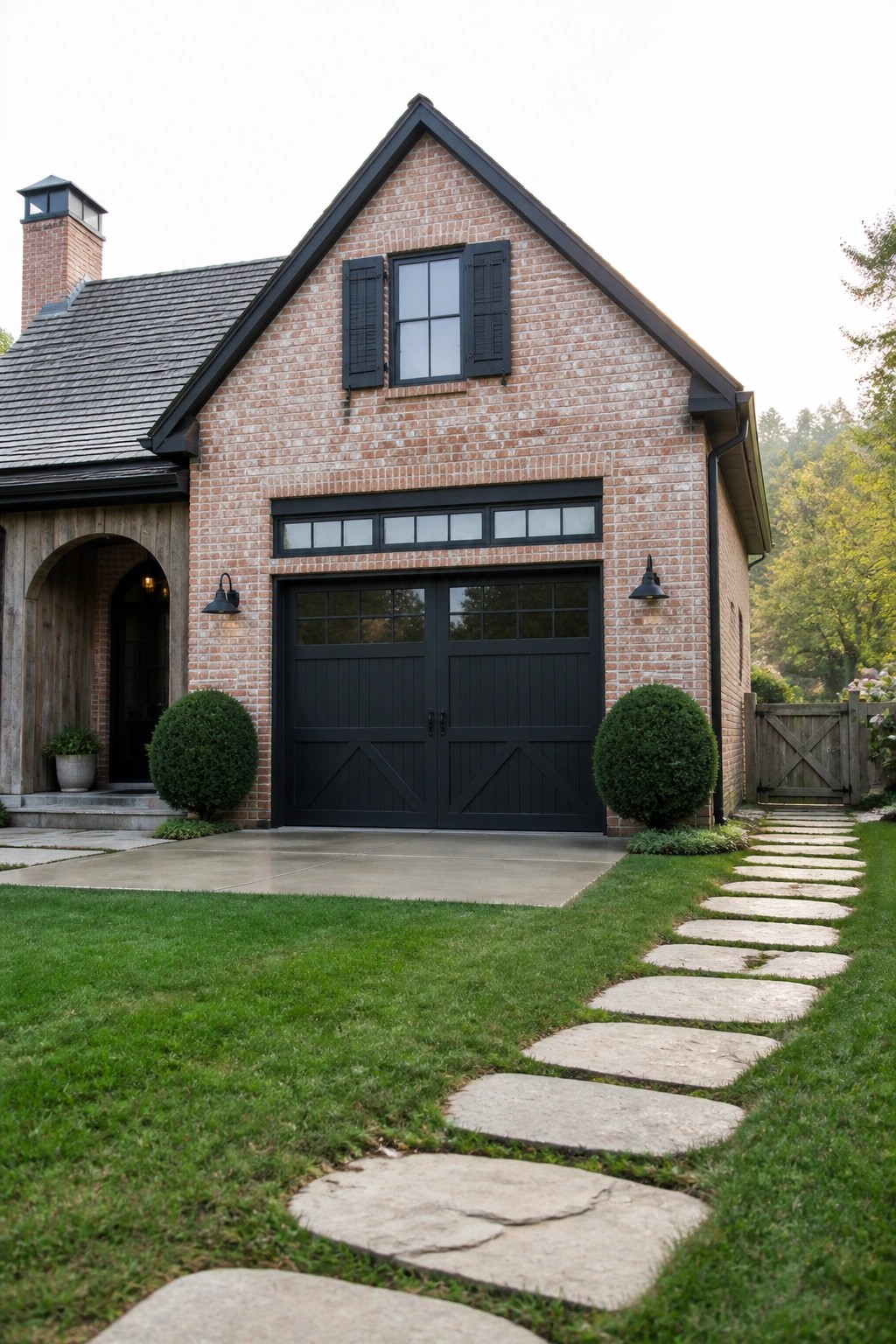 A red brick farmhouse exterior with black garage doors, black window trim, and a stone pathway leading across the front lawn.