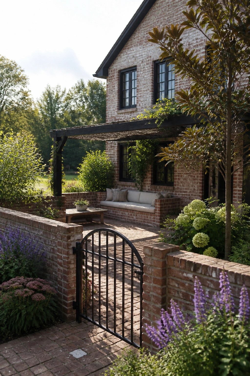 A brick house exterior with black windows shows a covered brick patio with built-in cushioned seating, a wooden table, and a black metal gate opening onto a brick pathway lined with purple flowers and green shrubs.