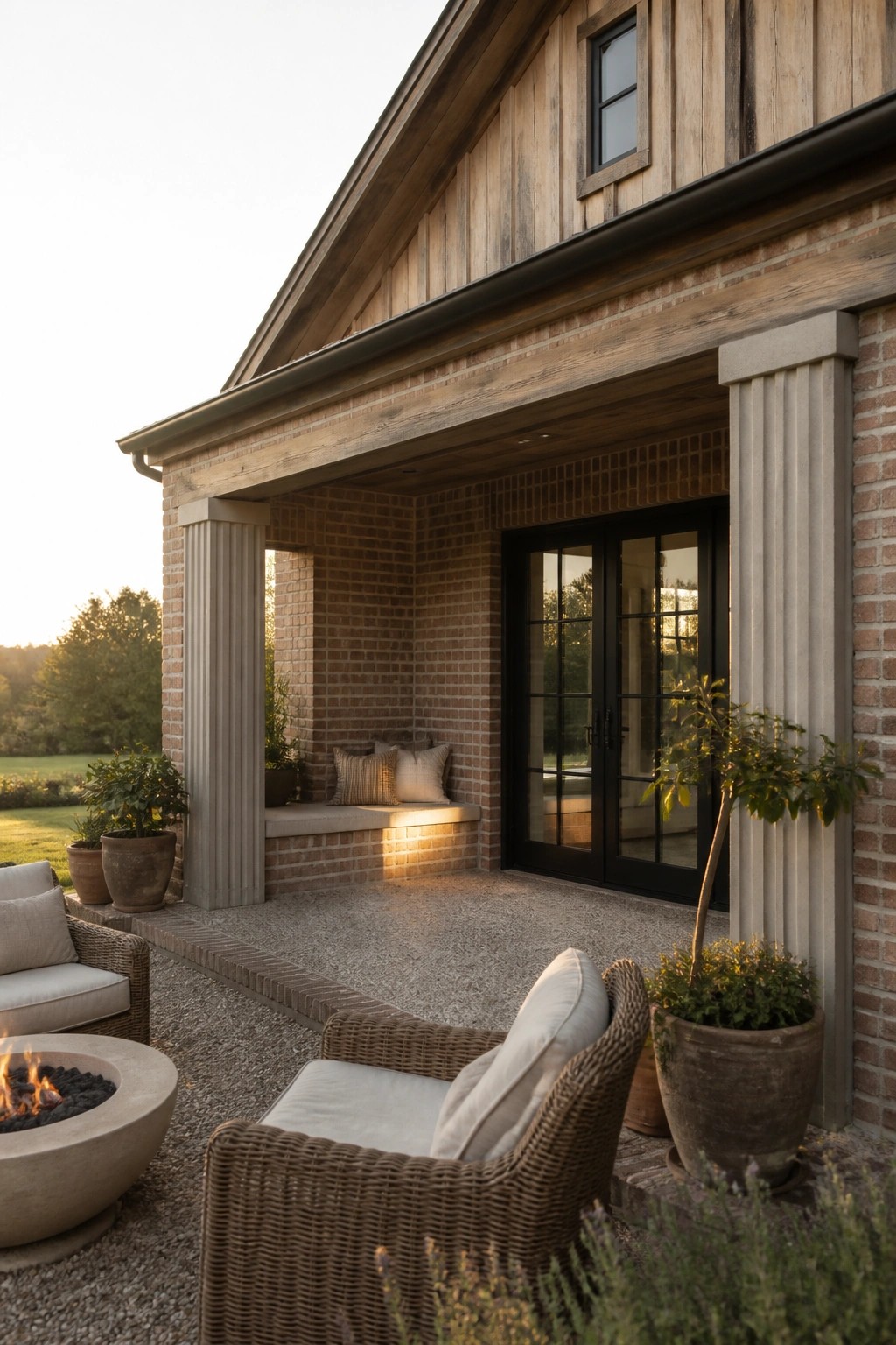 A brick farmhouse porch with built-in bench seating, black double doors, wicker chairs on a gravel patio, and a concrete fire pit in the foreground.