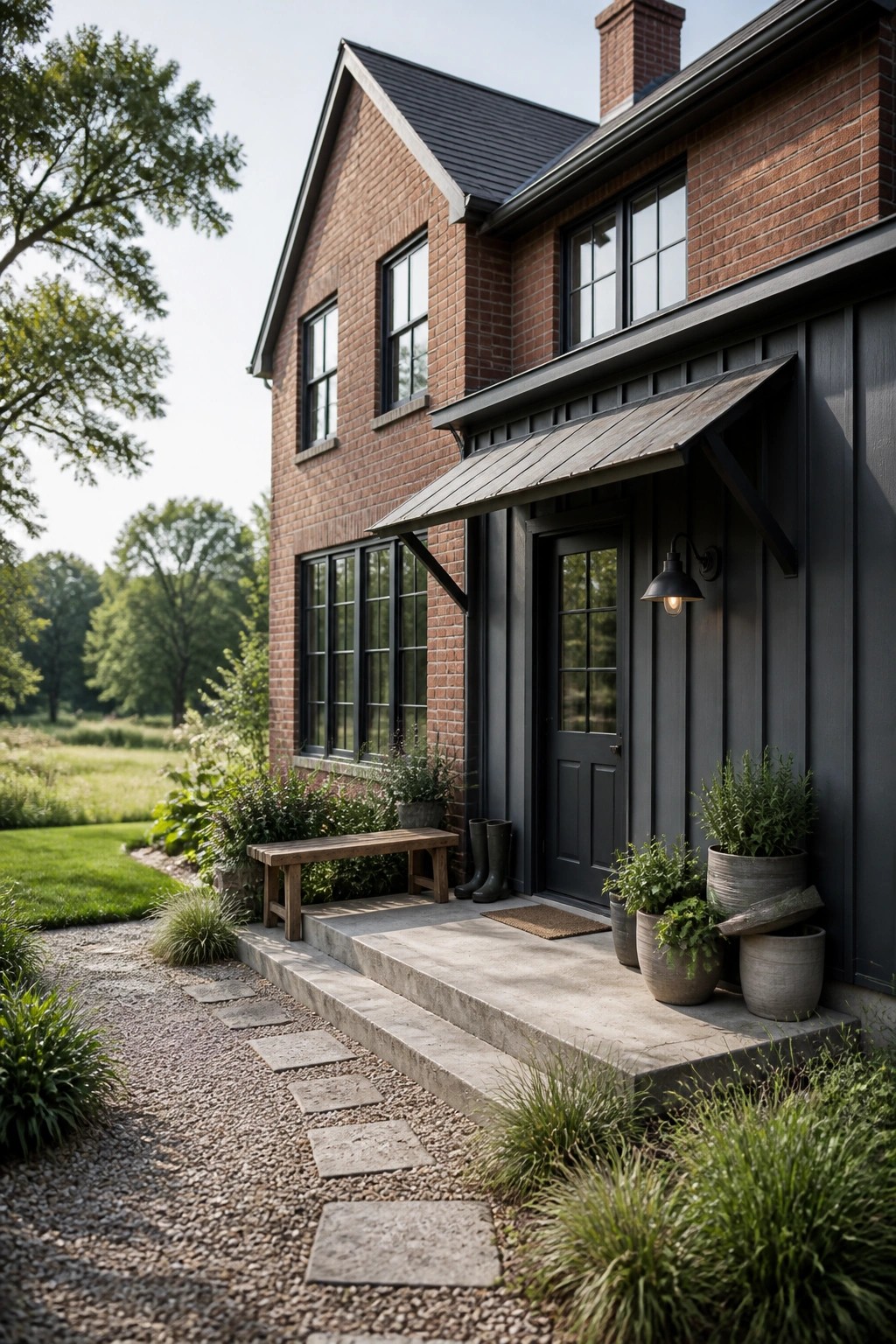 A red brick farmhouse with dark gray siding and trim, black-framed windows, a dark front door under a metal awning, and potted plants beside the concrete porch steps.