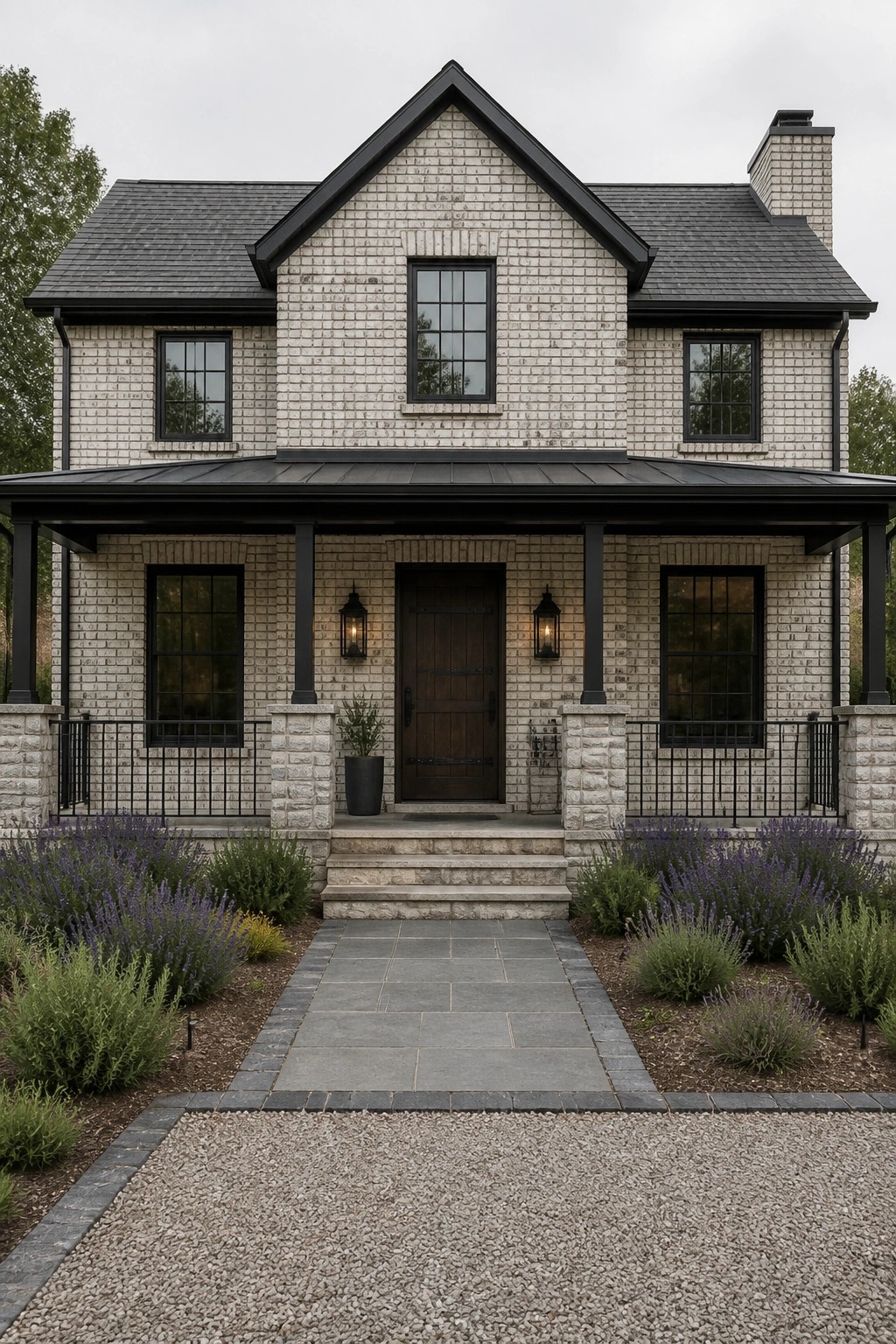 White brick two-story house with black porch, wooden door, and purple flowers.