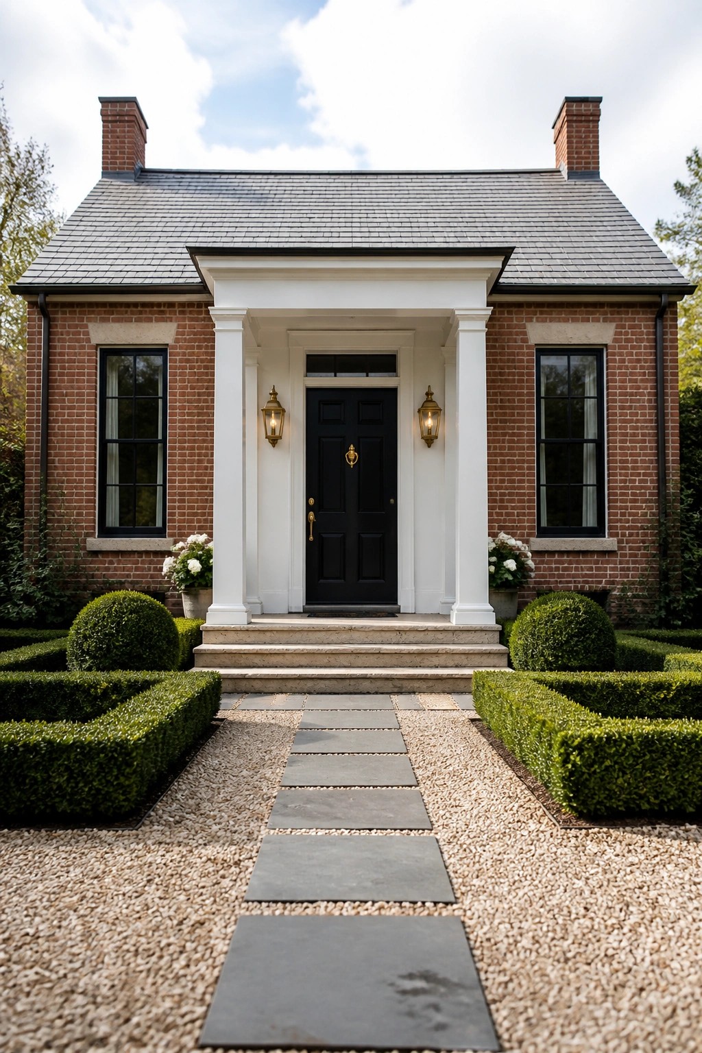 A red brick house with a white columned portico over a black front door, flanked by windows and leading to a stone path through gravel and hedges.