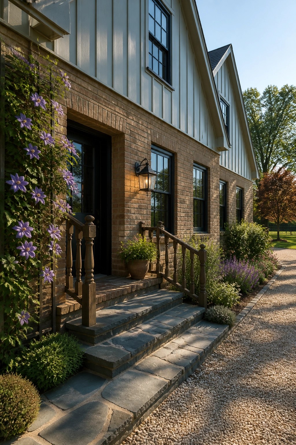 Brick house entrance with stone steps, wooden railings, and purple flowering vines.