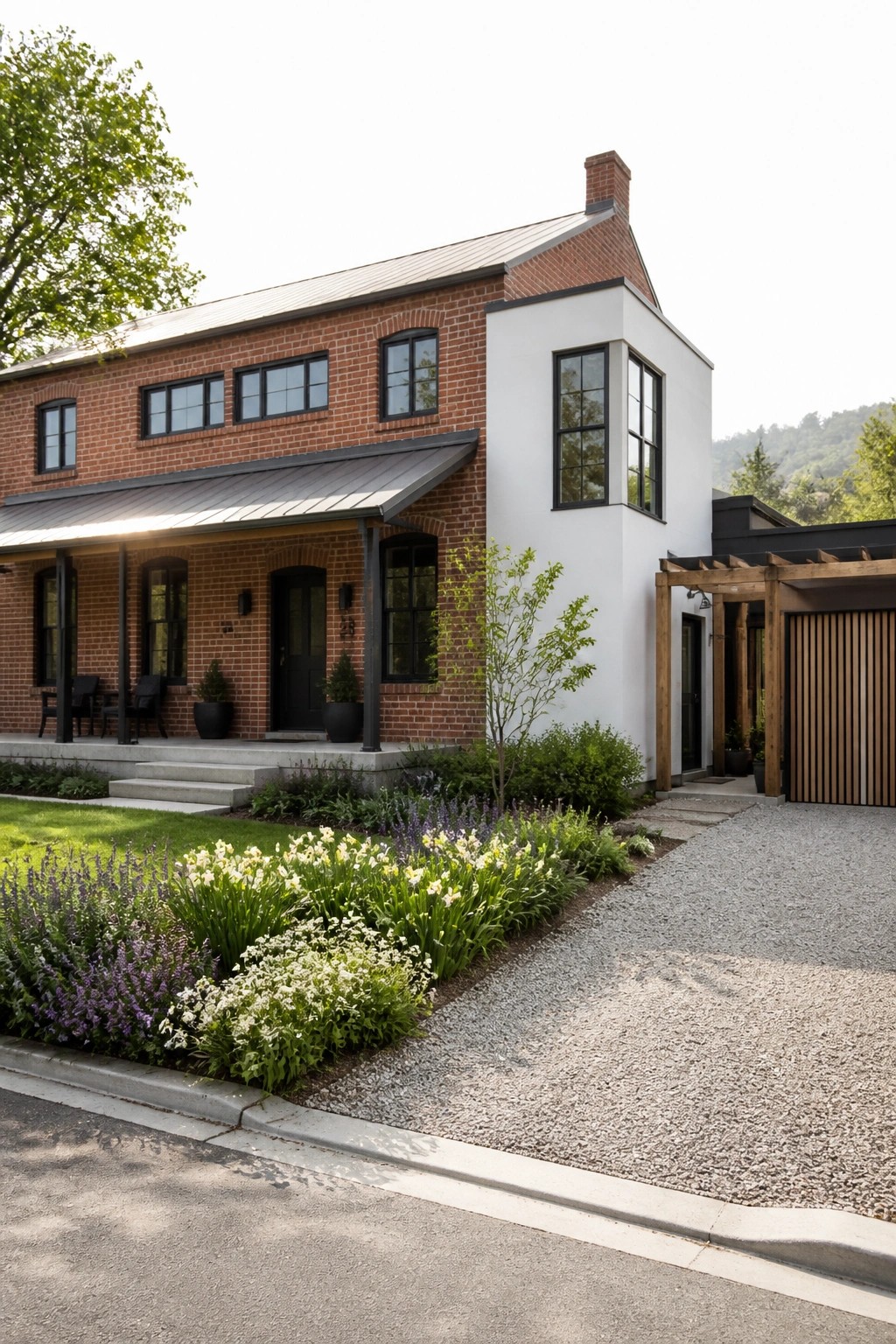 Modern brick house with white accents, black windows, flower garden, and gravel drive.