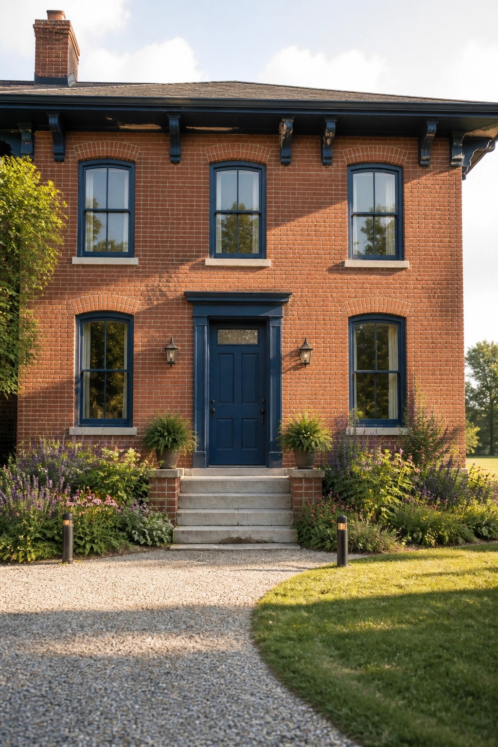 A two-story red brick house with a centered blue front door, blue window trim, and landscaping along a gravel path.