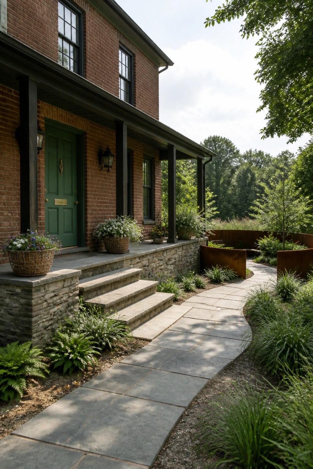 A red brick farmhouse with a green front door, stone foundation, and a curving bluestone walkway bordered by plantings and raised metal beds.