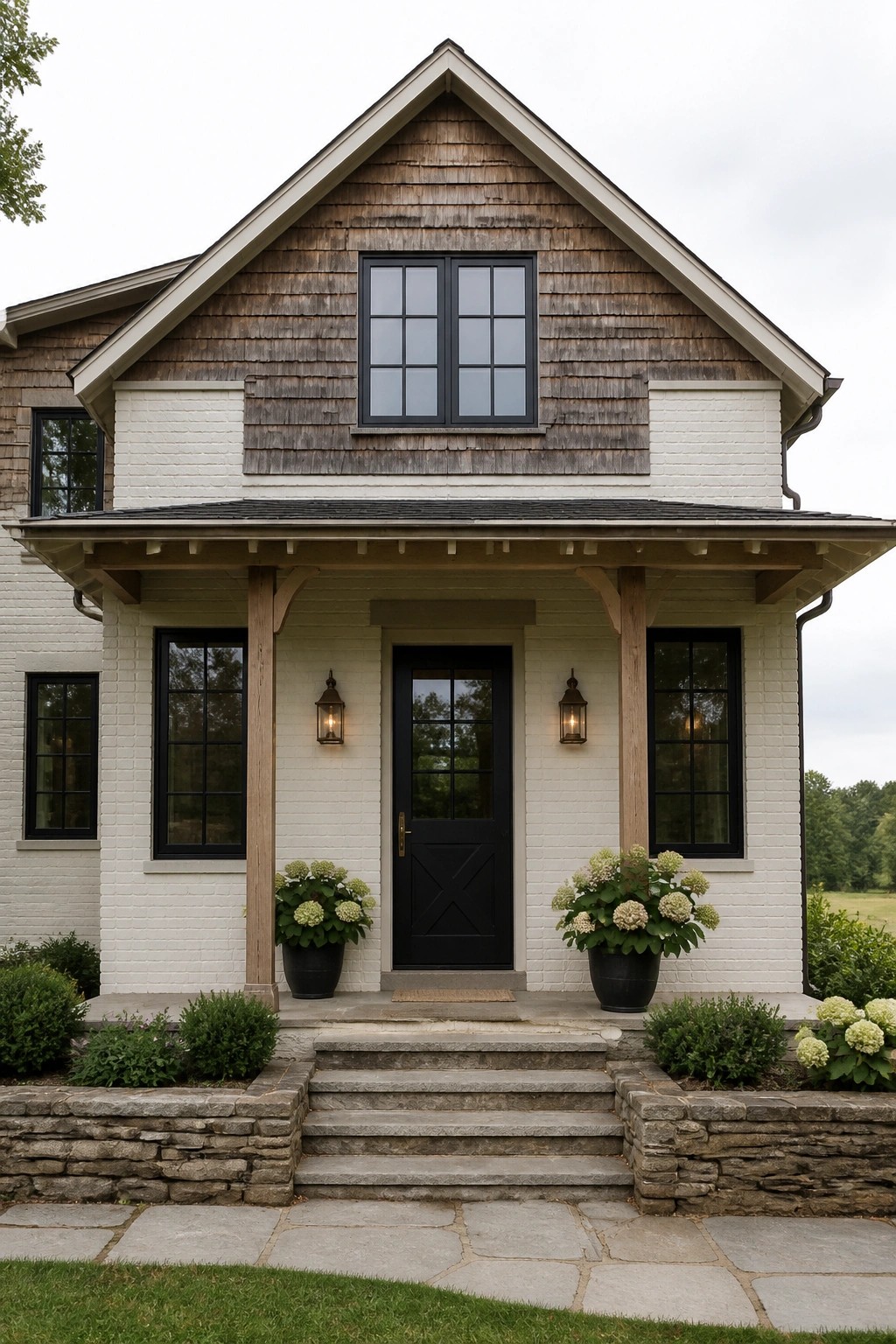 Front view of a white brick farmhouse with black door and windows, wooden porch posts, shingled gable, and stone steps.