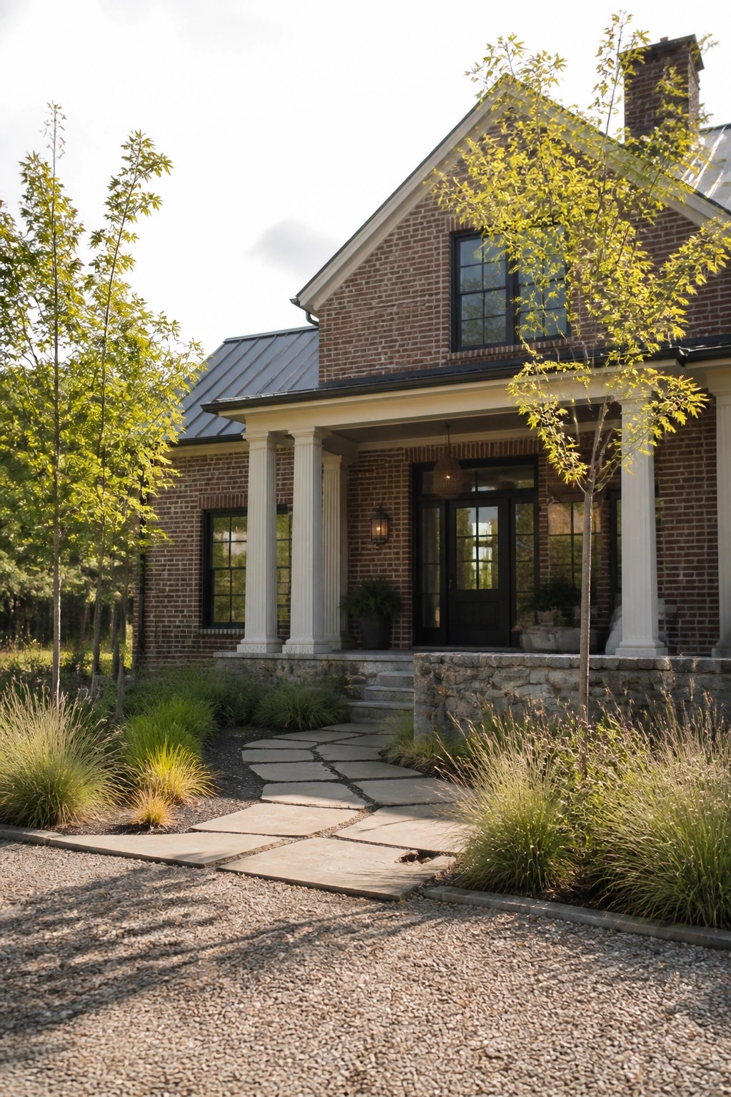 Brick house with white columns, stone steps, and flagstone walkway amid trees.