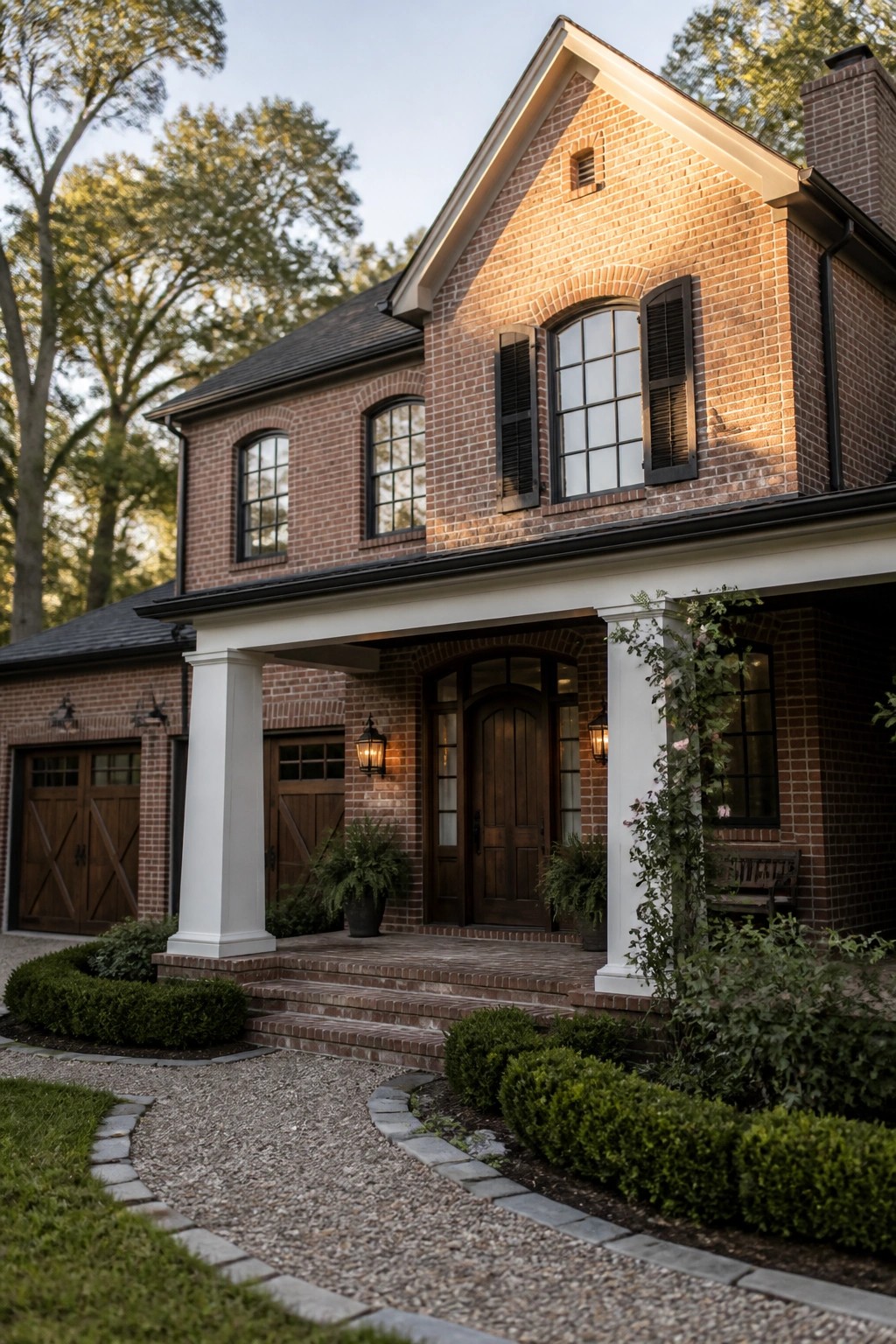 A two-story red brick house with a covered front porch supported by white columns, a wooden door under an arch, and a gravel path leading to brick steps.