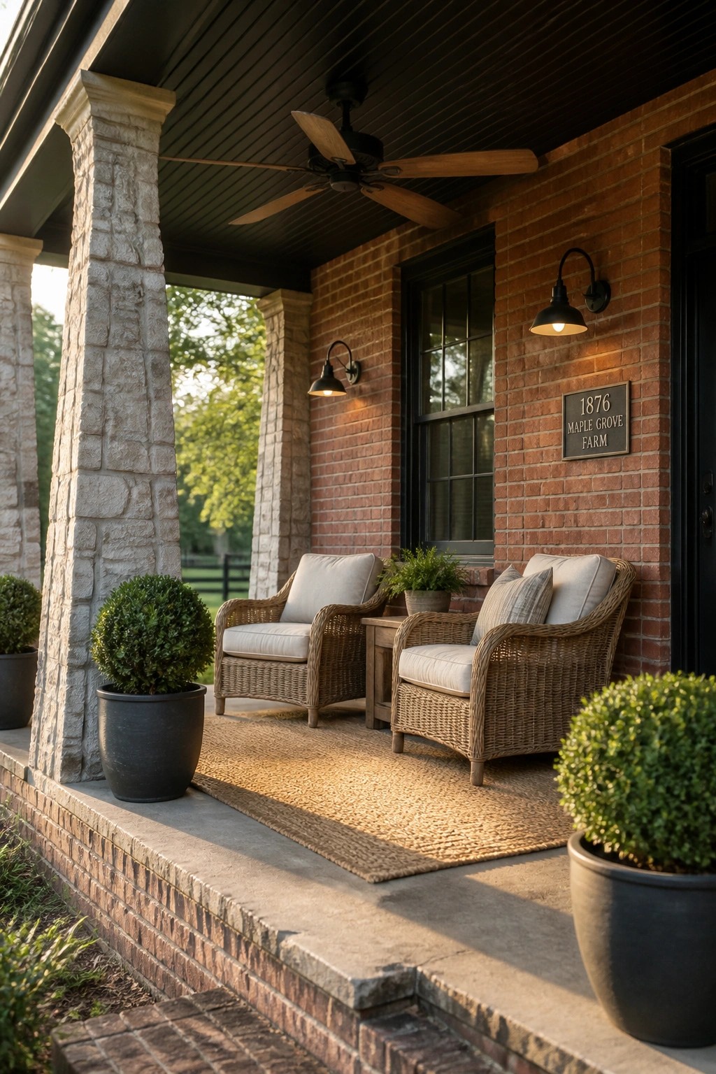 A brick farmhouse porch with two wicker armchairs on a large woven rug, potted plants, a ceiling fan, and black wall sconces beside a window.