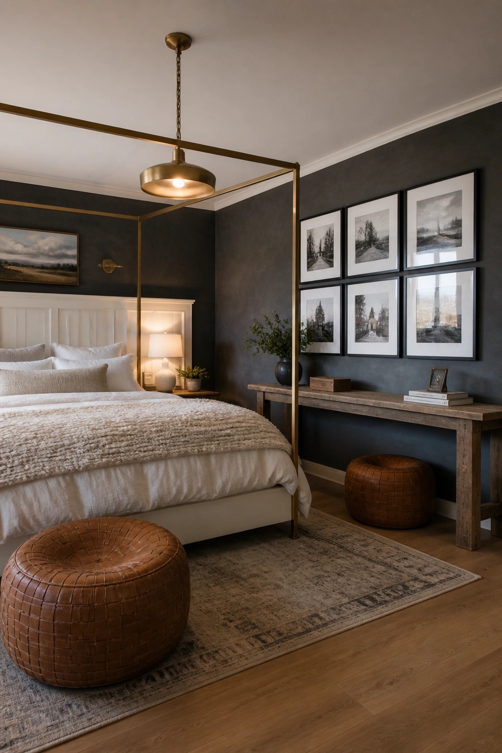 A farmhouse bedroom with deep gray walls, a white four-poster bed, and a wooden console beneath a grid of framed photos.