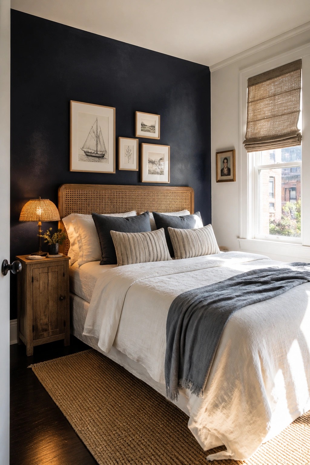 A bedroom with a dark navy accent wall behind a bed dressed in white linens and pillows, featuring a wooden cane headboard and a wooden nightstand with a lit lamp.