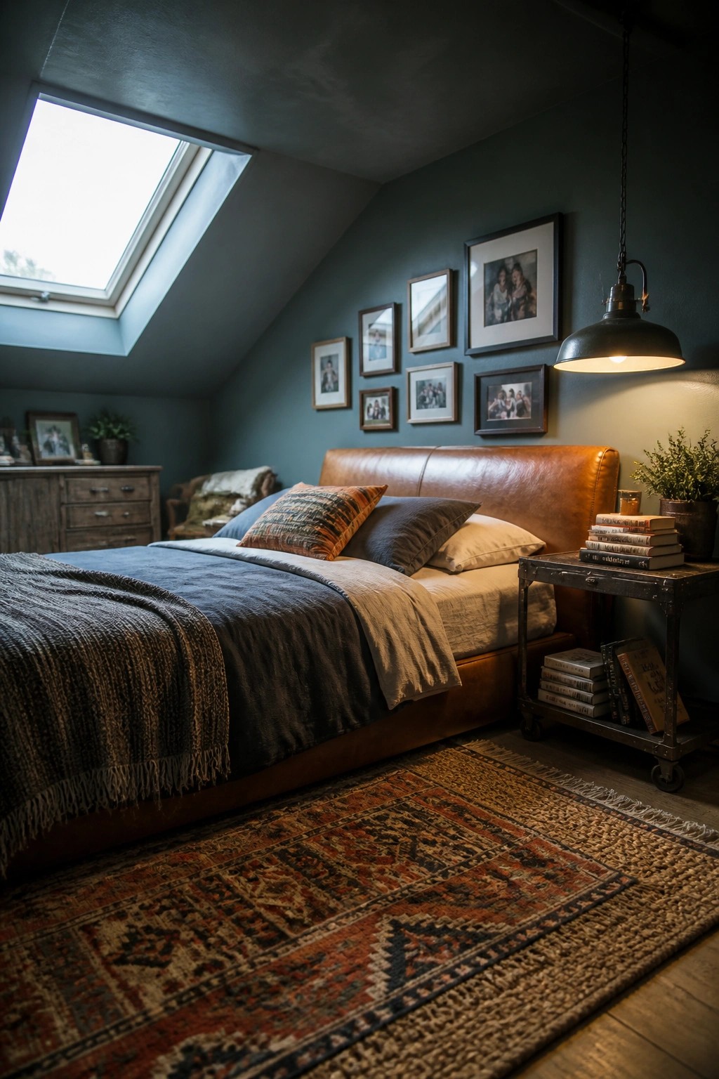 A bedroom with deep teal walls, a brown leather headboard, layered bedding, framed photos on the wall, a skylight, and a patterned rug on the floor.