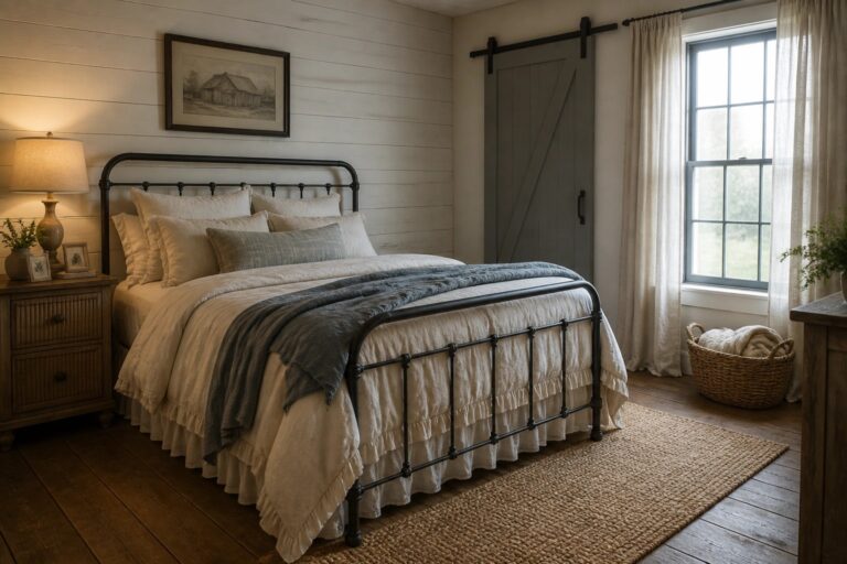 24 Farmhouse Bedroom Paint Colors for a Relaxing Retreat A farmhouse bedroom featuring a black metal bed with neutral bedding, a jute rug, and soft white walls.
