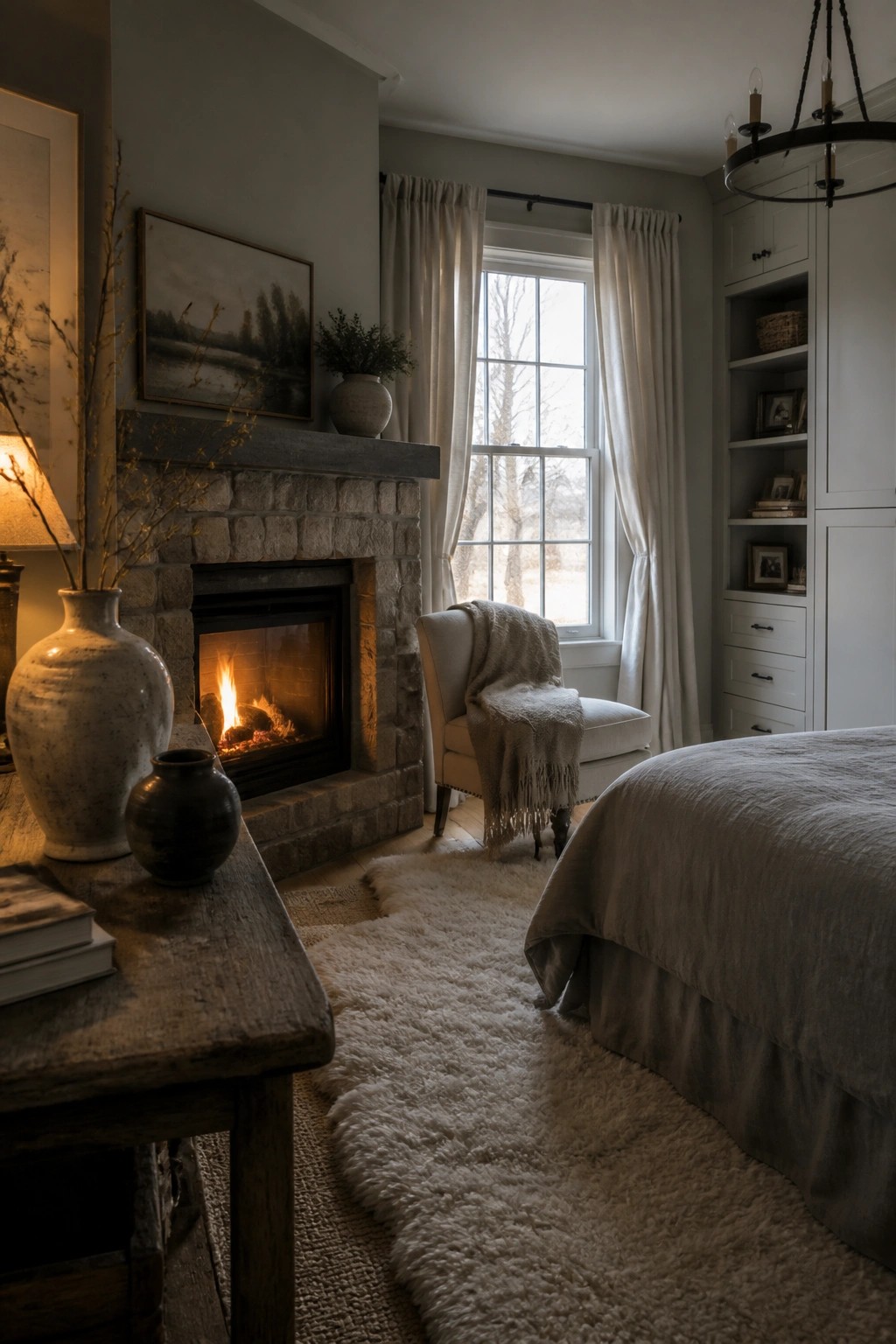 A farmhouse bedroom with muted gray walls, a stone fireplace, a wooden table in the foreground, and a bed with gray linens beside a window with white curtains.