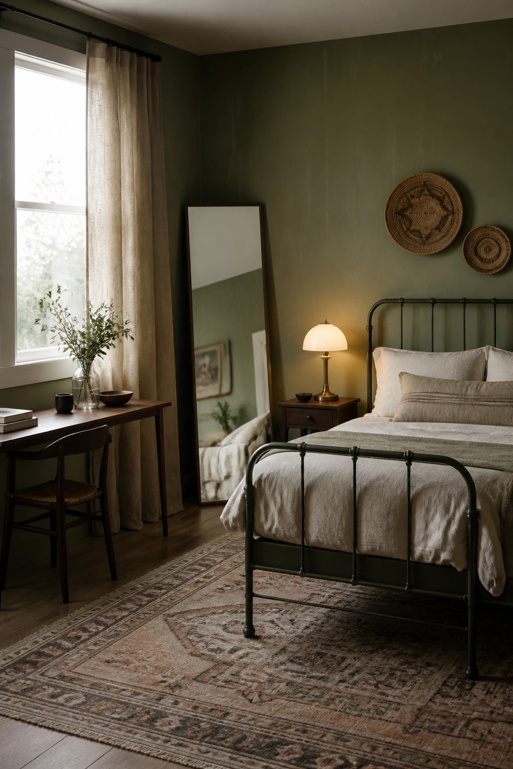 A bedroom interior with deep green walls, a dark metal bed with white and beige bedding, a wooden desk by the window, a tall mirror, and woven wall decor.