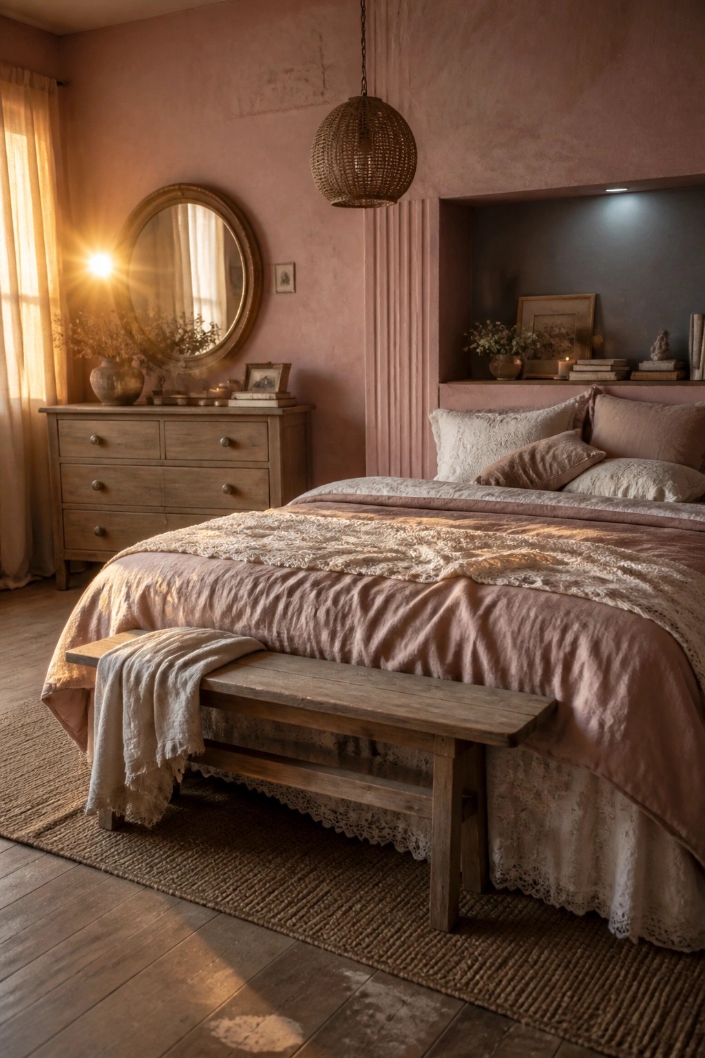 A bedroom with dusty rose walls, a large bed with pink linens, a wooden bench at the foot, and a wooden dresser with a round mirror above it.