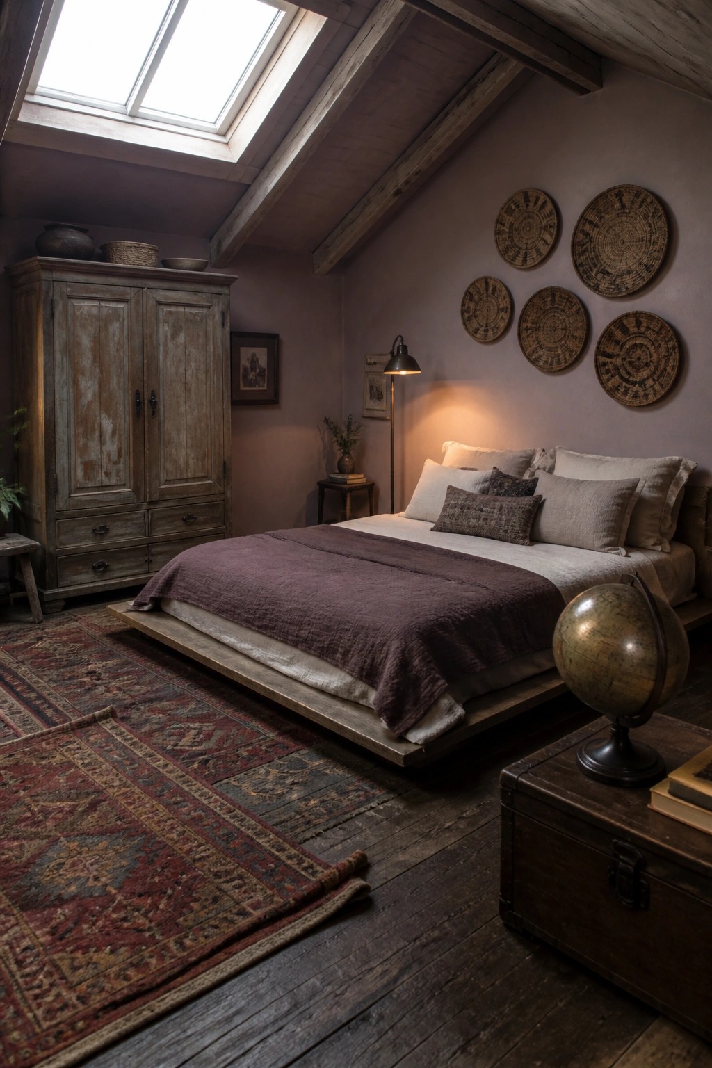 A bedroom with muted purple walls, a low wooden platform bed, exposed ceiling beams, and a skylight.