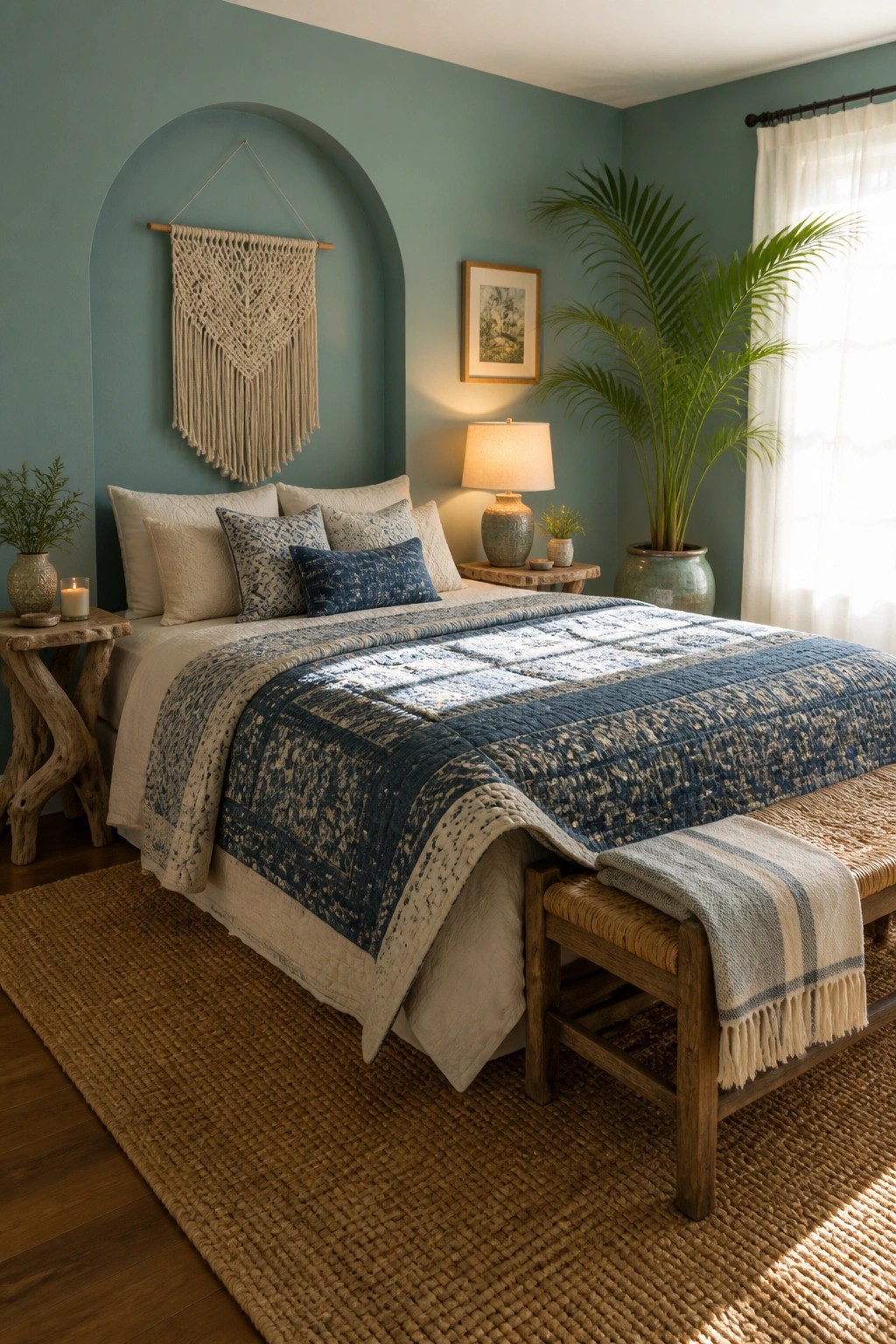 A bedroom with muted teal walls, a bed with a blue and white quilt, a macrame hanging in an arched niche, and a wooden bench at the foot of the bed.