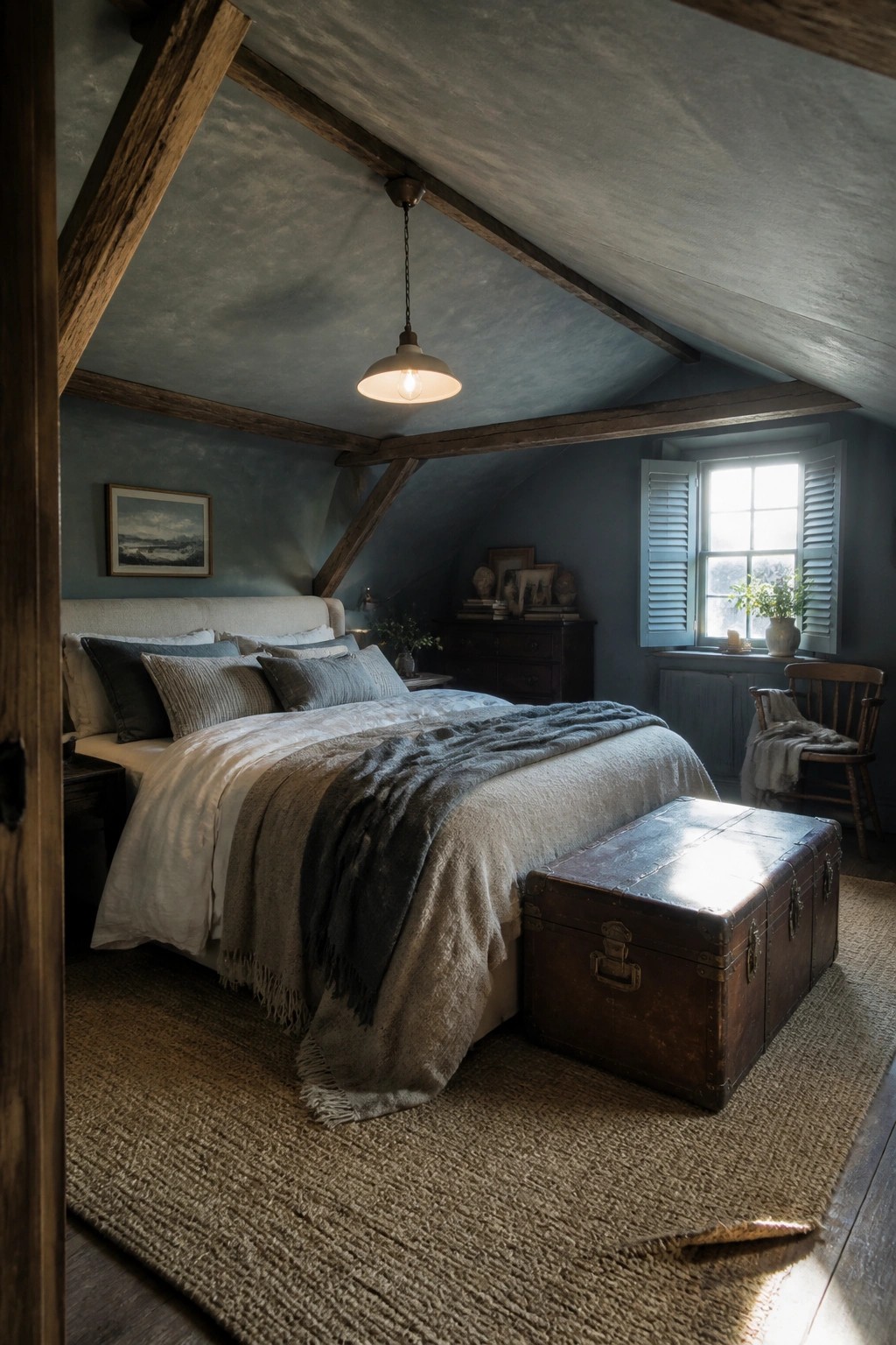 A bedroom with blue-gray walls, exposed wood beams, a large bed with layered bedding, and a vintage trunk at the foot of the bed.