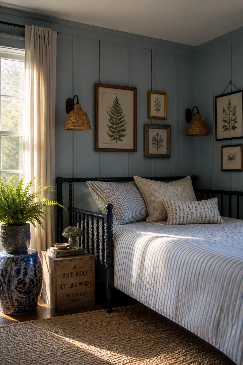 A bedroom with soft blue paneled walls, a black spindle bed, striped bedding, botanical prints, and a window with a curtain.