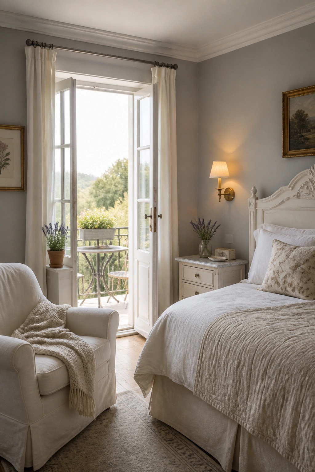 A bedroom with soft gray walls, white furniture, a bed with linen bedding, an armchair, and open French doors leading to a balcony.
