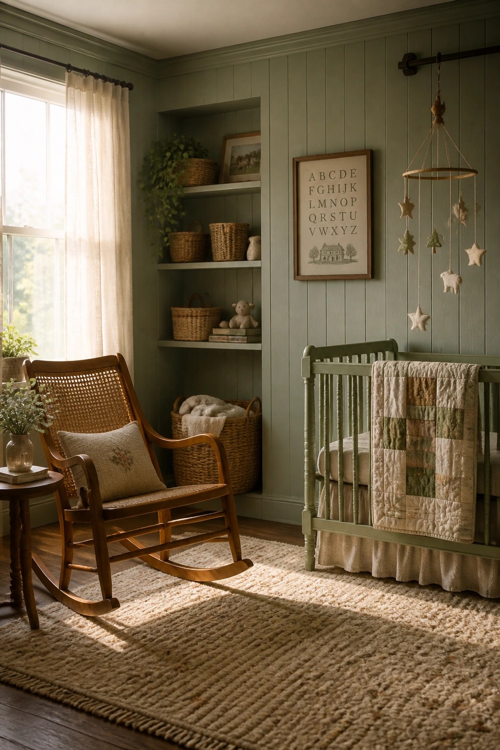 A nursery with sage green walls featuring a wooden rocking chair, a matching green crib with a patchwork quilt, built-in shelves holding baskets, and a large woven rug on the floor.