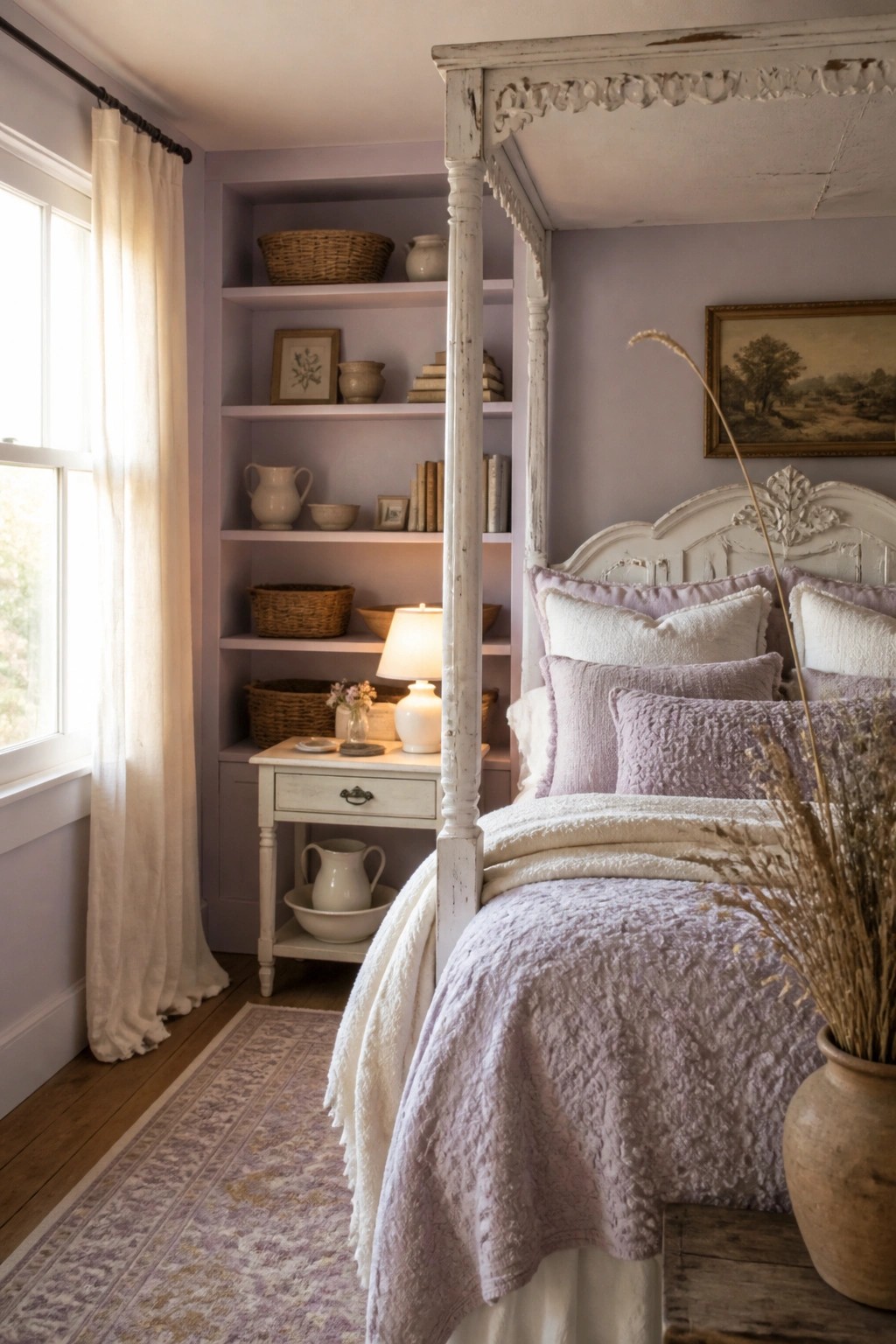 A bedroom with pale lavender walls, white built-in shelves, a white four-poster bed with lavender and white bedding, and a window with sheer curtains.
