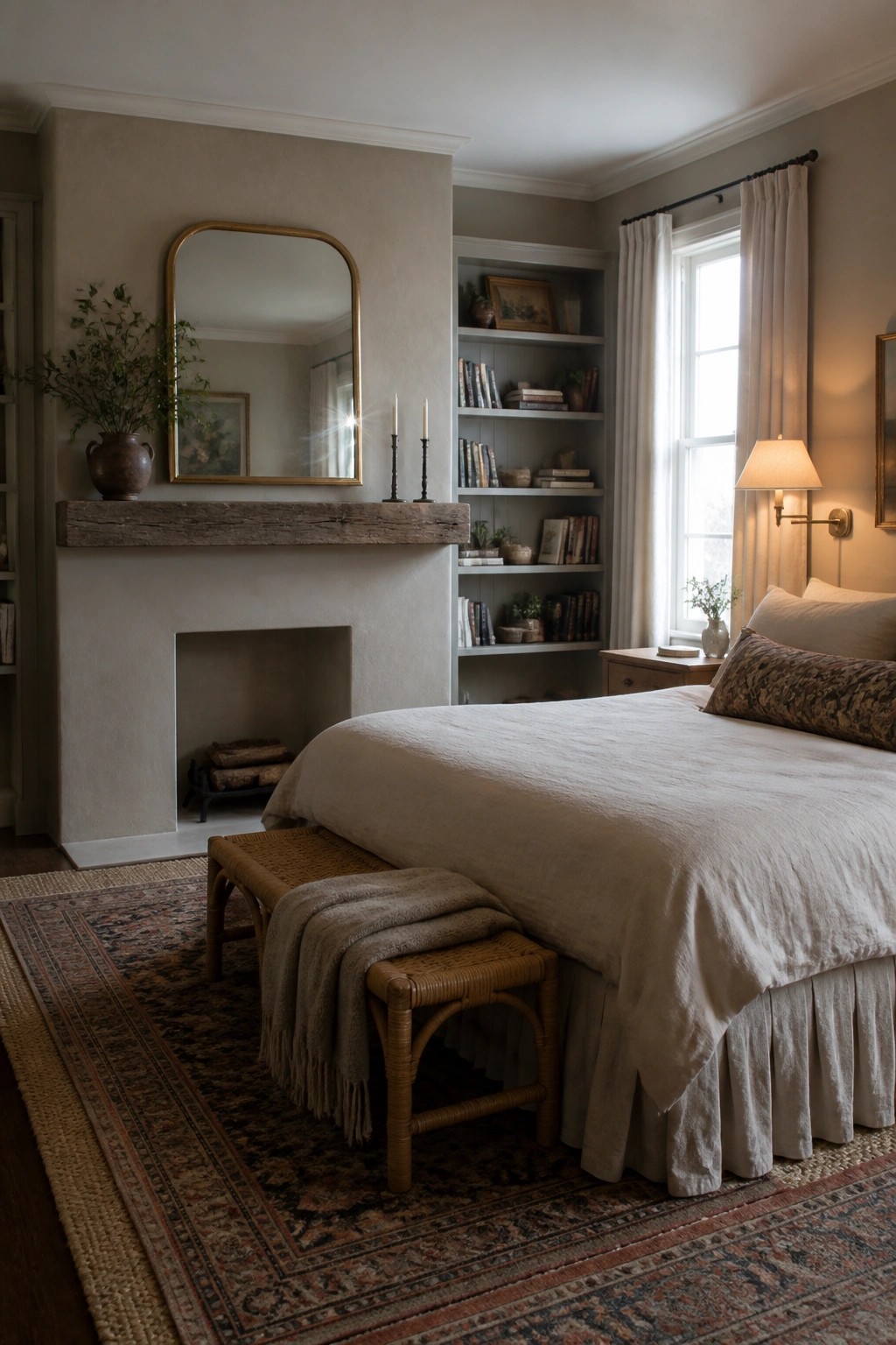 A bedroom with a bed dressed in white linens, built-in bookshelves flanking a fireplace, and a large mirror above the mantel.