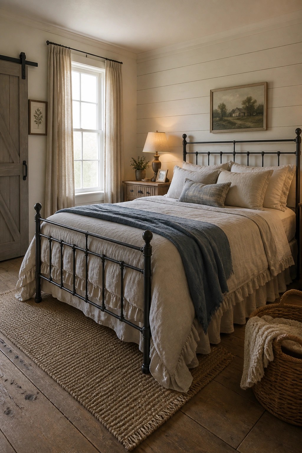 A farmhouse bedroom featuring a black metal bed with neutral bedding, a jute rug, and soft white walls.