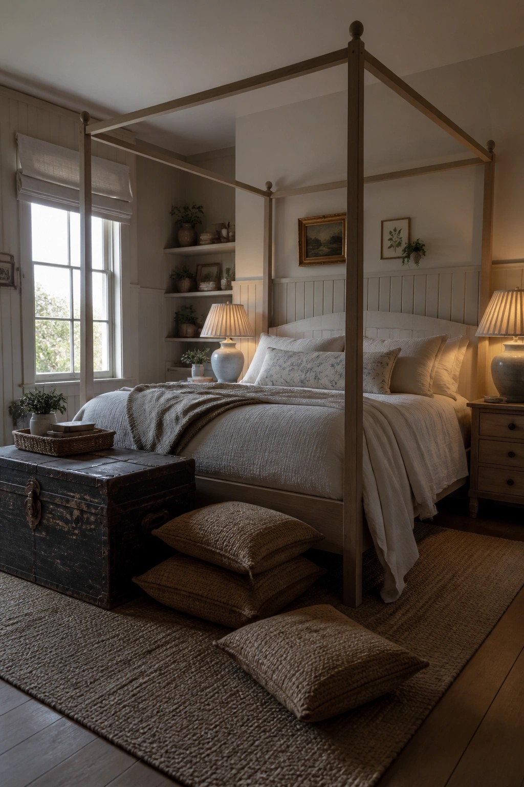 A bedroom with light neutral walls, a wooden canopy bed, a dark trunk at the foot of the bed, and several cushions on a woven rug.