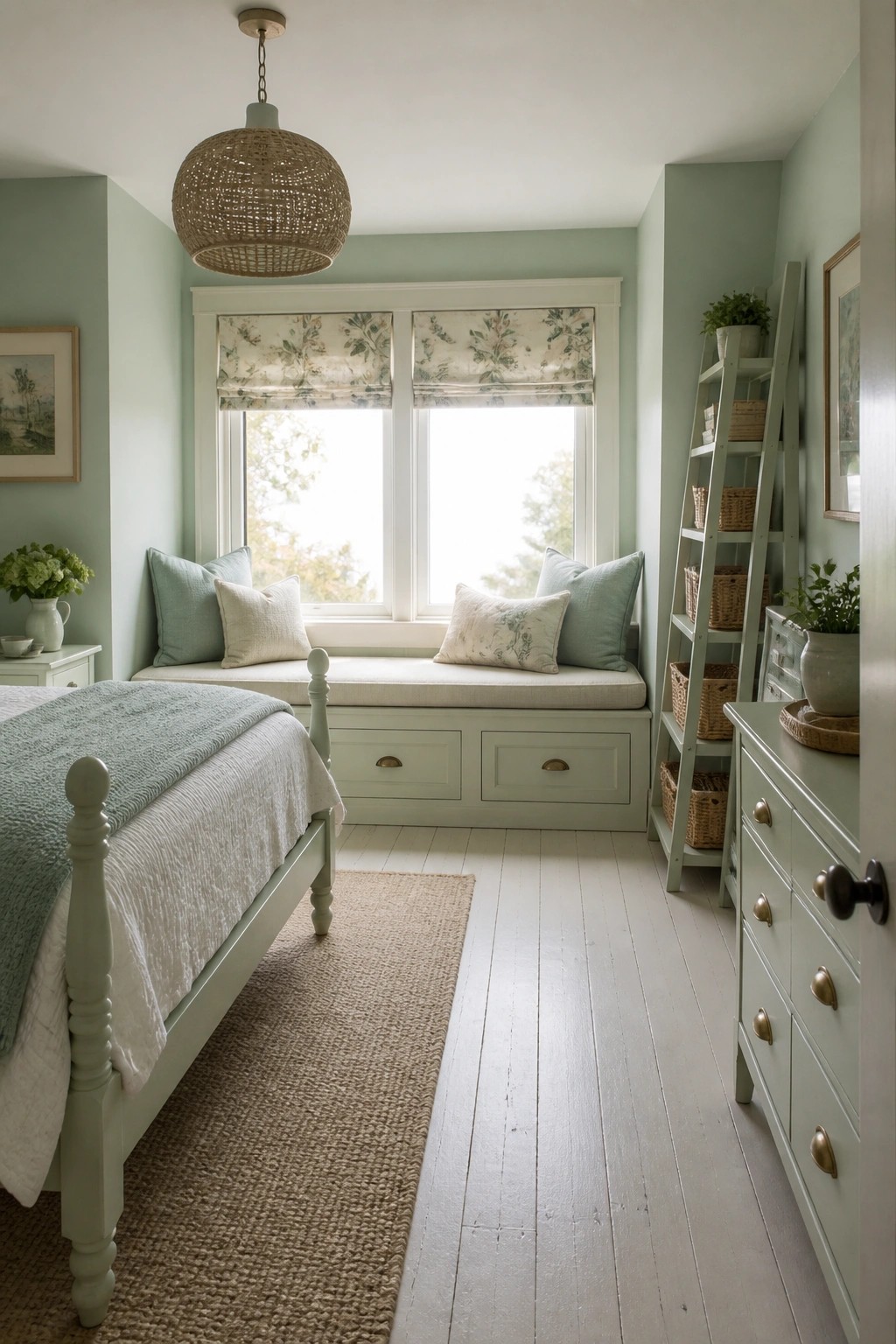 A bedroom with soft sage green walls, white trim, a cushioned window seat, and a bed with white and green bedding.